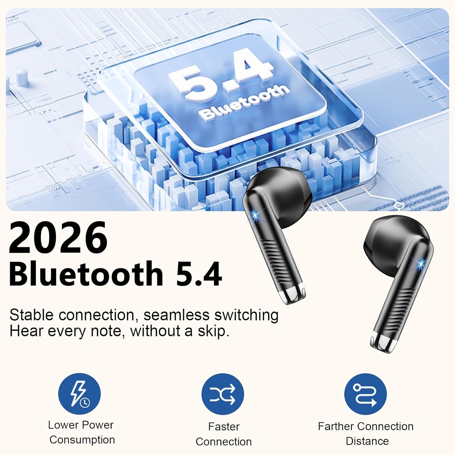 Cuffie Bluetooth 5.4, 2025 Auricolari Bluetooth 56Ore 6D Stereo Cuffie Wireless In Ear con 4 ENC Mic, Cuffie Senza Fili Cancellazione Rumore Cuffiette Sport IP7 Impermeabili Headphones per iOS/Android