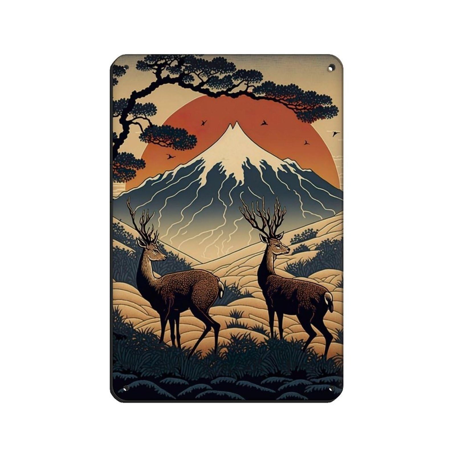 Lxwnze 20L X 30W Cm Sika Deers, Ukiyo-E Art Poster Retro Poster Metal Tin Sign Chic Art Retro Iron Painting Bar People Cave Cafe Family Garage Poster Wall Decoration 8X12inch(20X30cm)