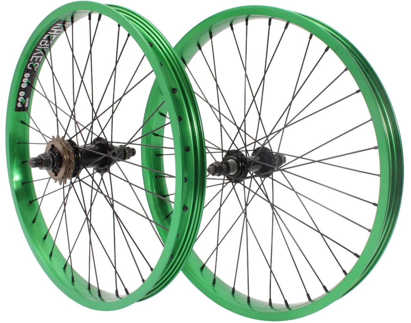 KHE Prism BMX zestaw kółek biegowych, 20 cali, zielone anodowane, szerokość obręczy 38 mm, 16 zębów, wolne koło zębate