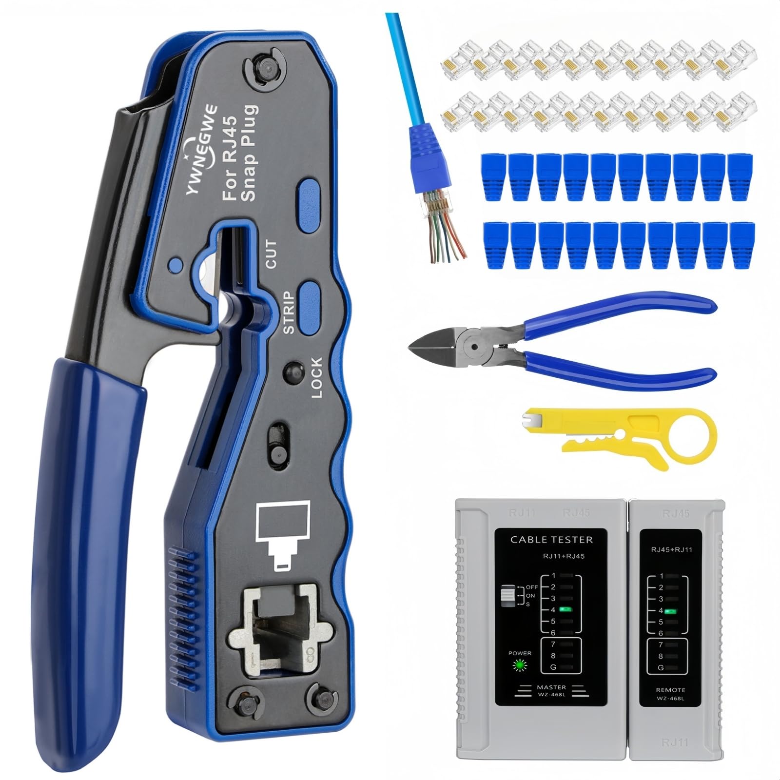 RJ45 Crimp Tool Kit Pass Through Ethernet Cat6 Cat6a Cat5e Crimping Tool with 20PCS Cat6 Pass-Thru Connectors,20 Covers,1 Wire Cutter Plier,1 Mini Wire Stripper and 1 Network Cable Tester