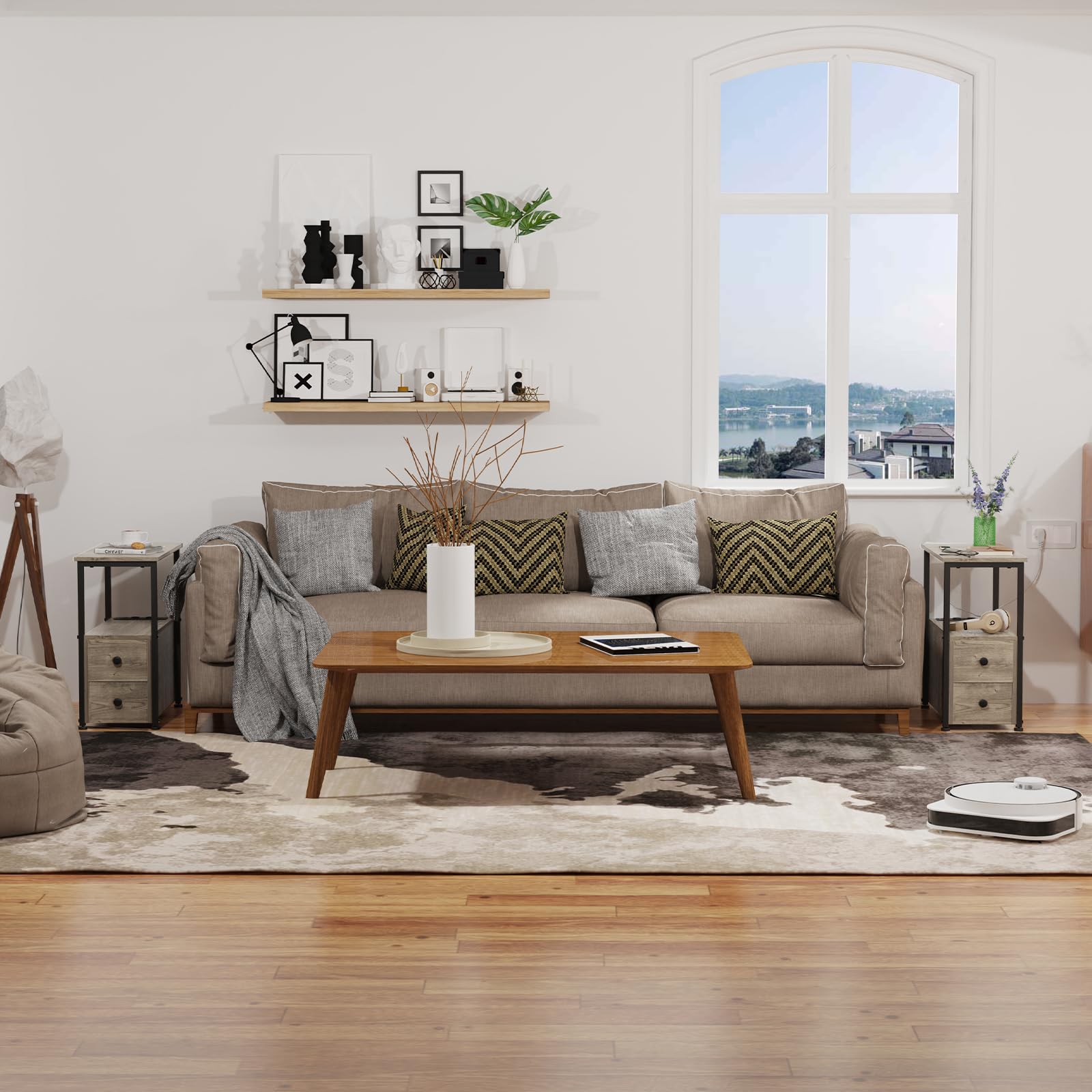 Mesita de Noche con Enchufe, Mesa Auxiliar con 2 cajón, Dormitorio Estrecha Mesitas de Noche, Organizador para Dormitorio, Sala de Estar Gris