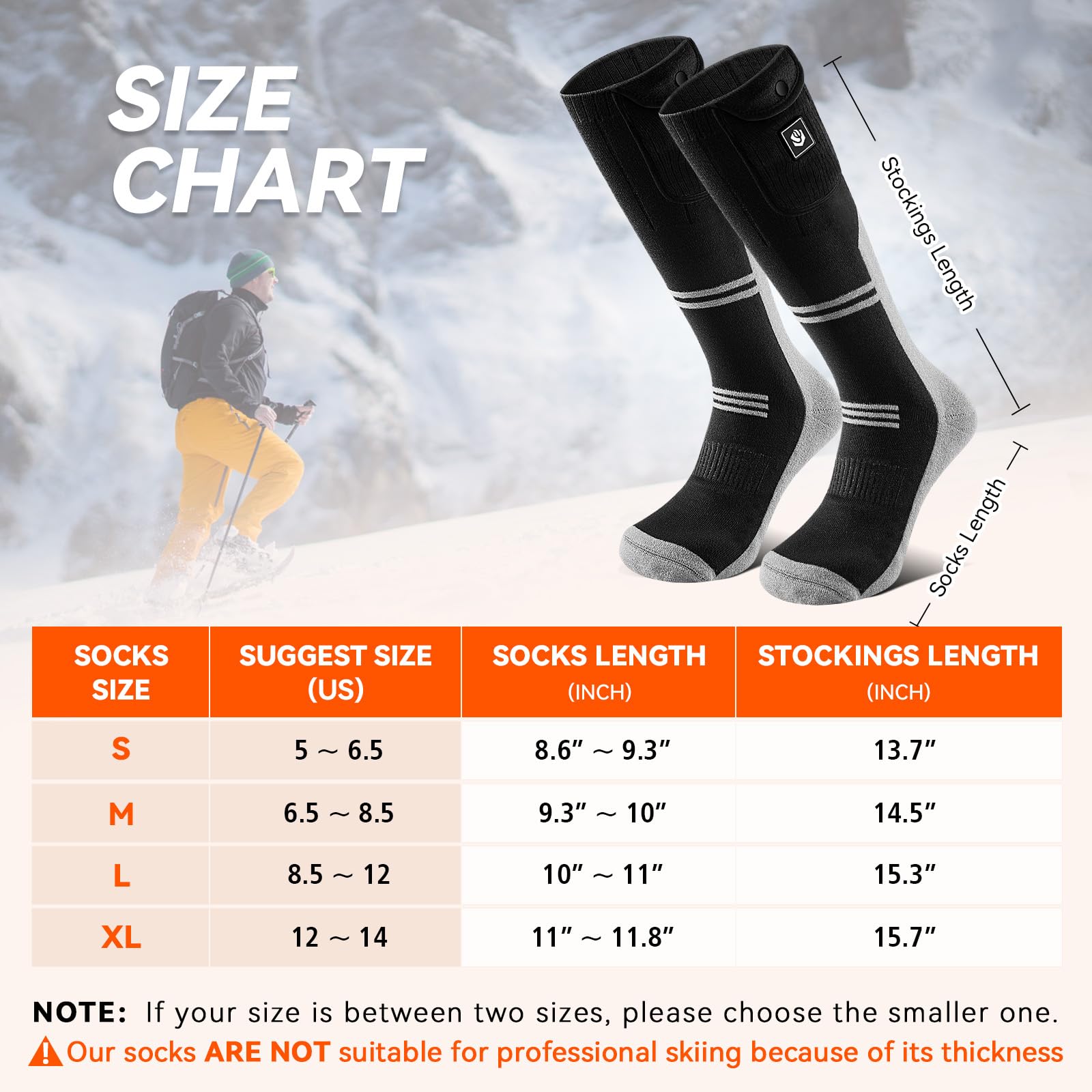 WASOTO Calcetines térmicos para hombres y mujeres, 22.2 Wh, con batería, lavables, recargables, control de aplicación, calcetines de esquí eléctricos para caza
