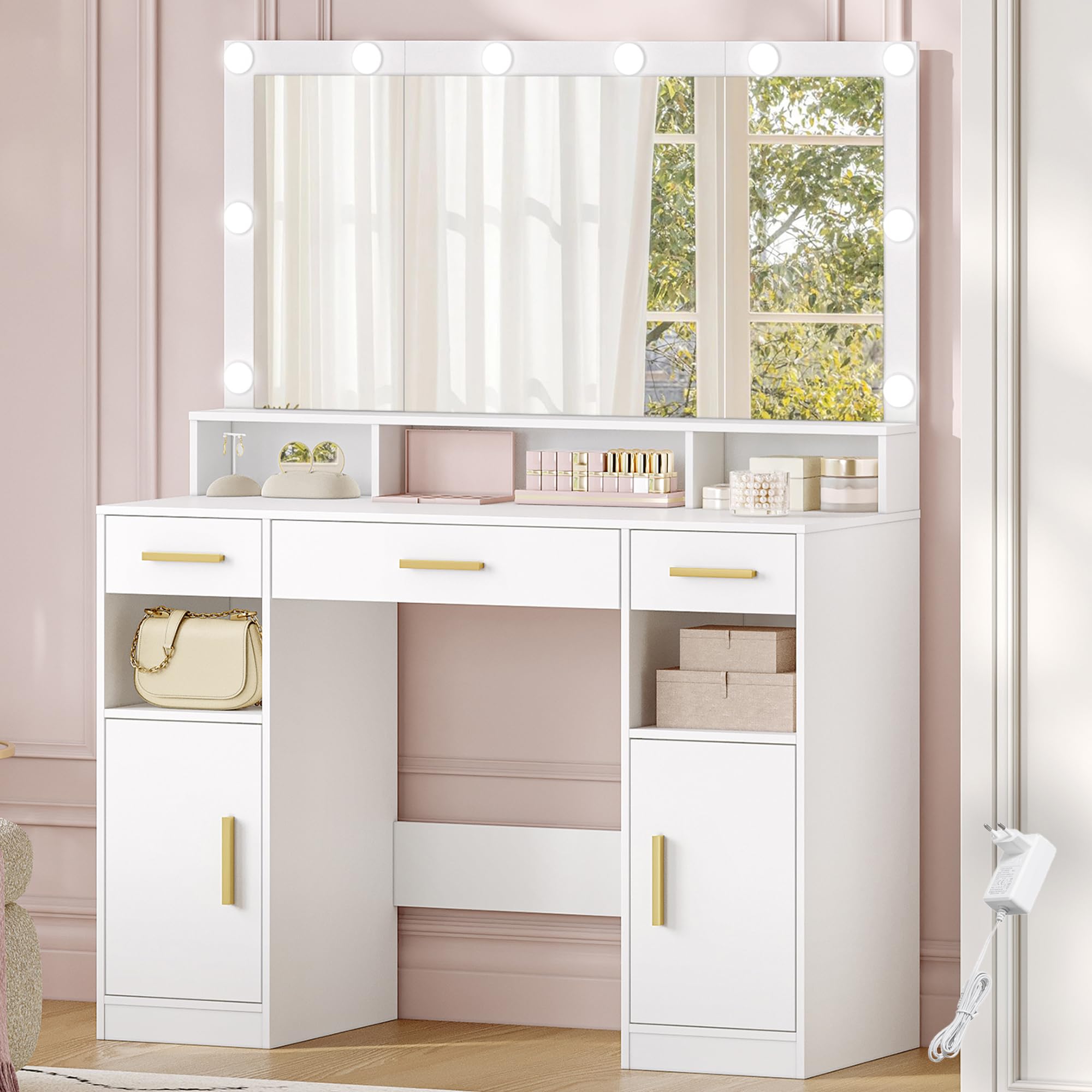 HEXCELEN 108cm Tocador de Maquillaje con Espejo Grande, Blanco