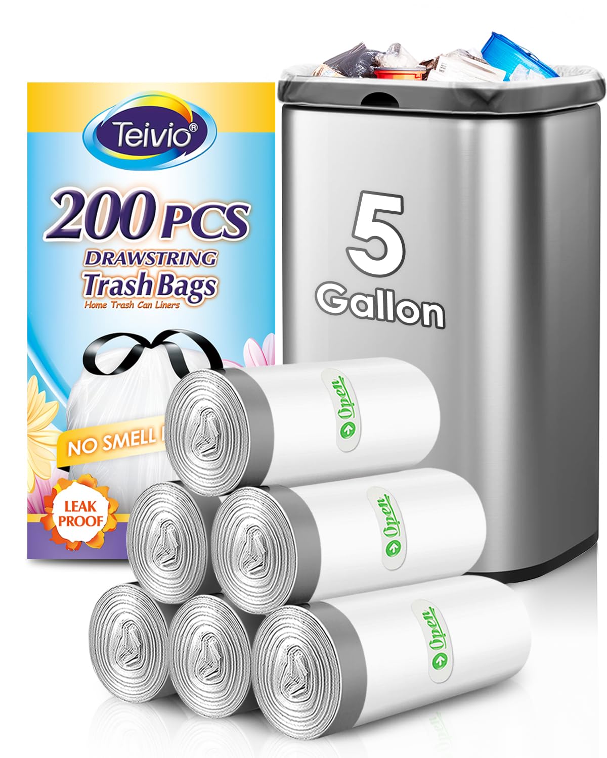 Teivio 5 Gallon 200pcs Strong Drawstring Trash Bags