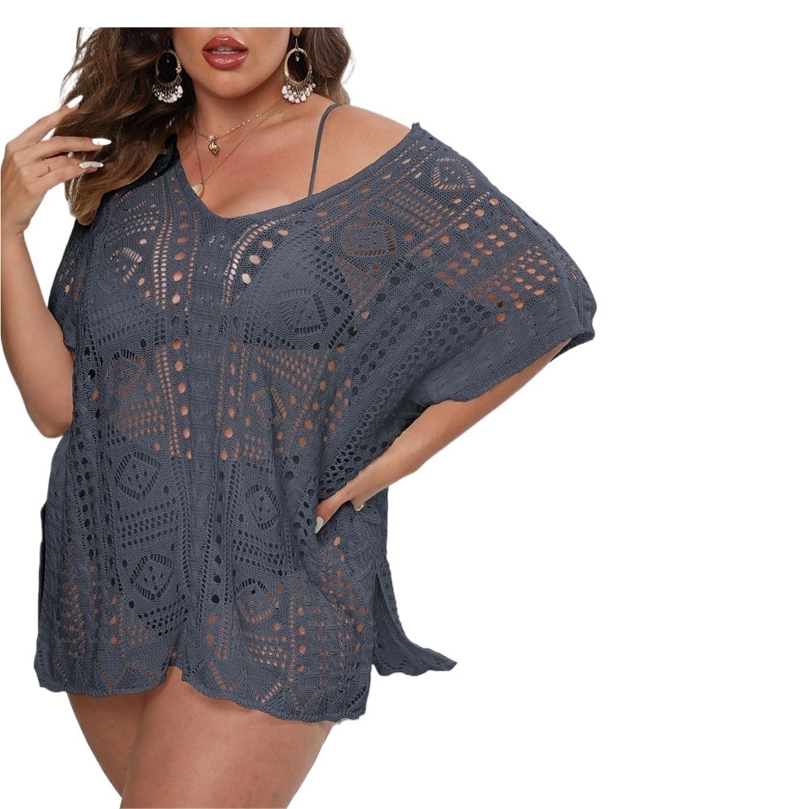 Vestido Playa Mujer Vestido playero de talla grande for mujer, manga corta, cuello en V grande, traje de baño hueco
