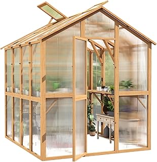 U-MAX 6x7 FT Wood Greenhouse for Outdoors, Walk-in Green House Kit with Adjustable Roof Vent & Built-in Stand, Reinforced Wooden Frame Polycarbonate Panel Greenhouse for Outside, Backyard, Patio