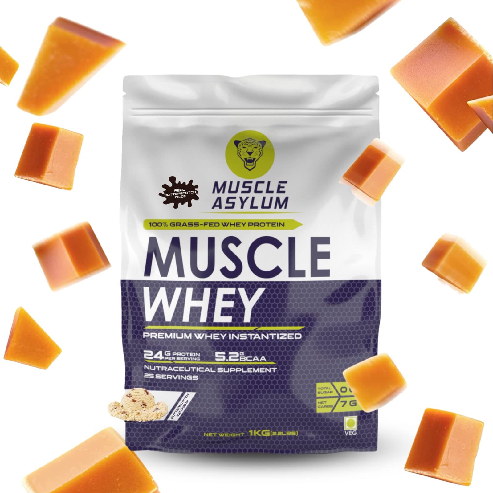 Premium Whey Protein with Real Caramel Chunks Inside | 1kg, 25 Servings | Butterscotch icecream | With Genuine Lab Reports | Body Building & Recovery | Increased Muscles