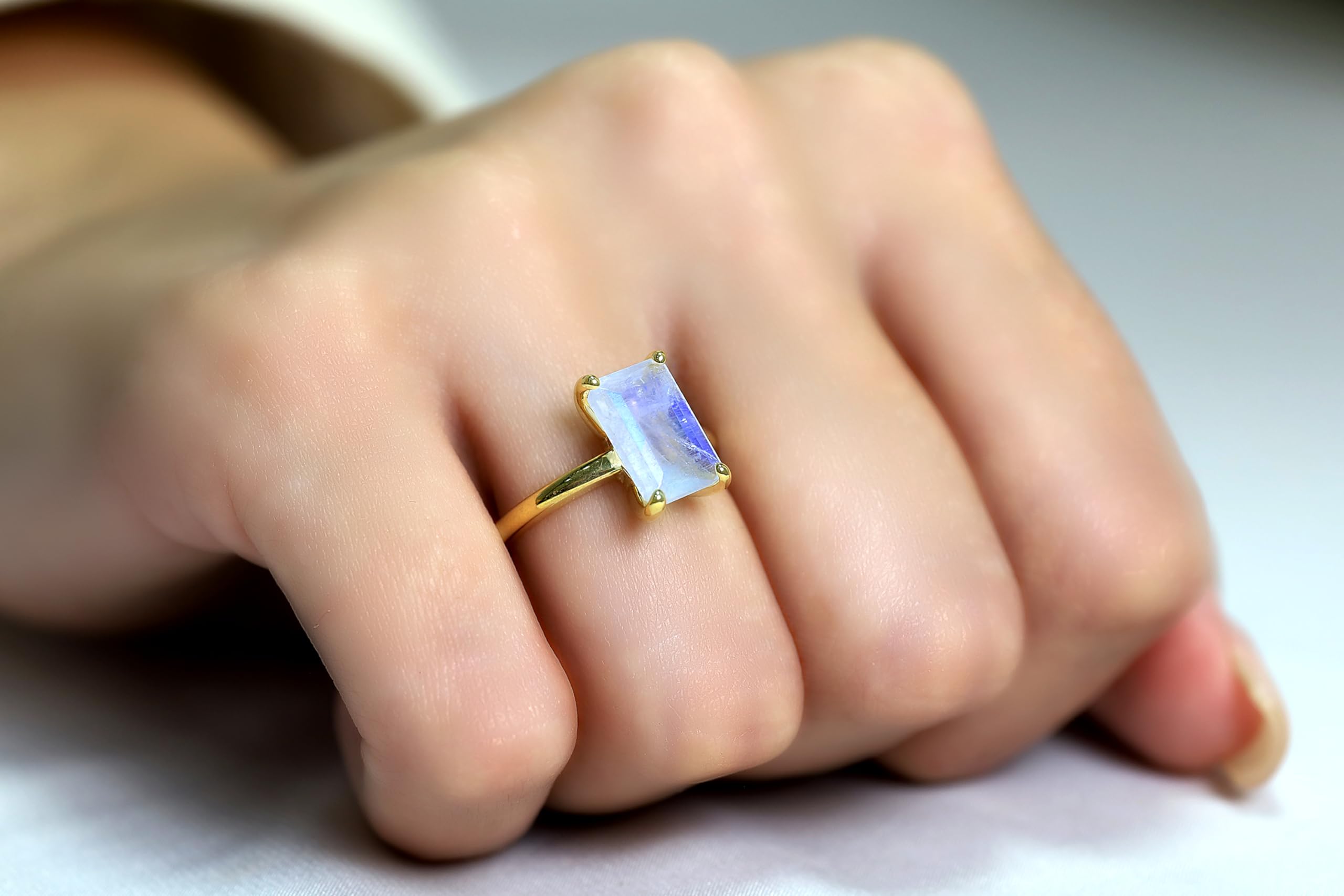 Solo anillo de Piedra de Luna del Arco Iris - Anillos Apilables Dainty para las Mujeres - Personalizable 18k Anillo de Oro Rosa - Joyería de Moda Piedras Preciosas Piedra de Nacimiento - con Caja