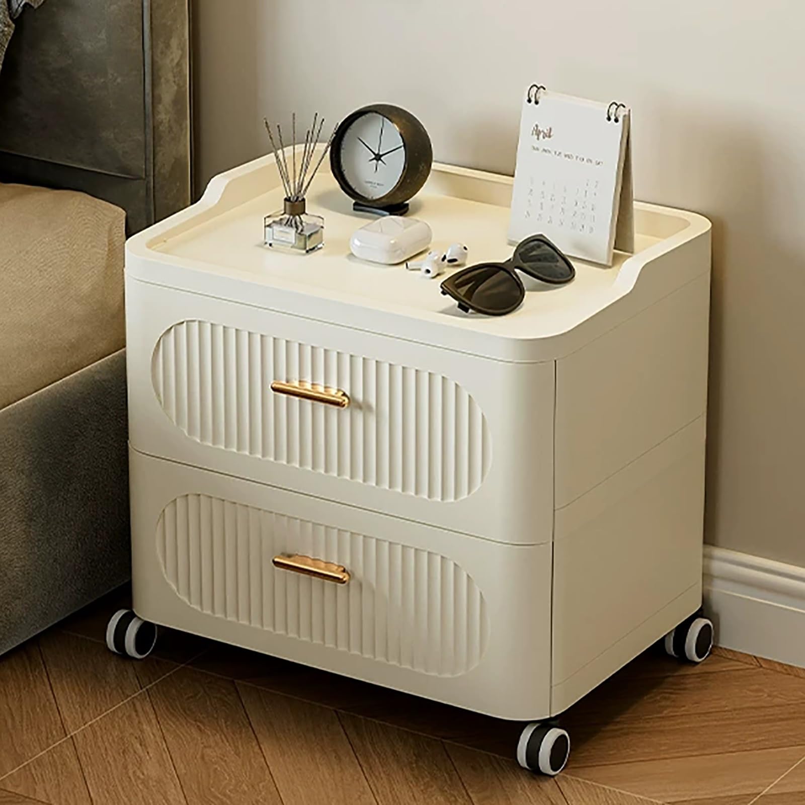 SXZenSpace Modern Nightstand with 2 Drawer and 4 Movable Casters, Bedside Table for Bedroom, Living Room(42x31.5x41.5cm)