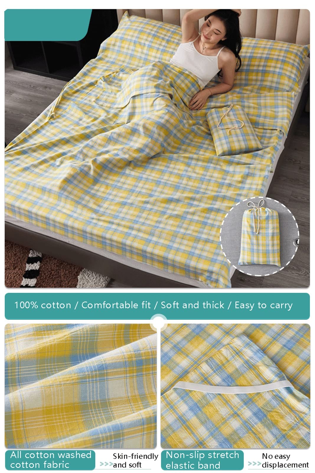 RUZGAR Sacco a Pelo Matrimoniale Sacchi a Pelo Estivi Sacco a Pelo Leggero e Compatto in 100% Cotone Motivo a Righe a Quadri Sacco Nanna for Viaggi in Hotel (Color : Green C, Size : 120x210cm-47x82)