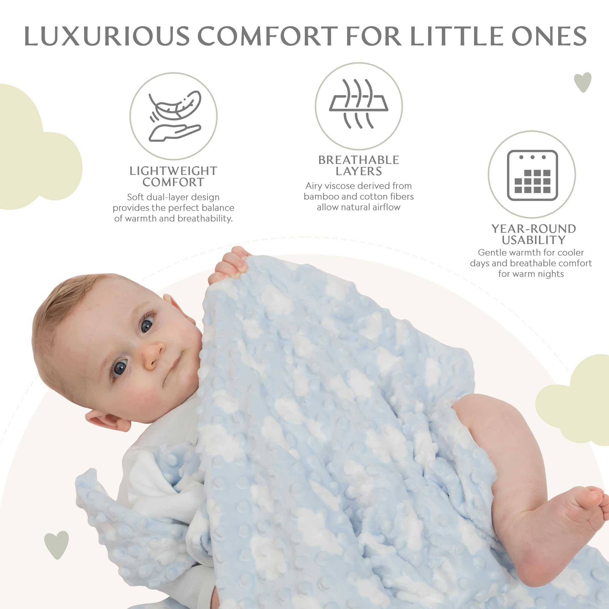Bamboo Little Manta De Felpa Suave Para Bebé, Nube Azul, Unisex, 47 X 47 Pulgadas Para Ducha Y Registro, 70% Viscosa Hecha De Bambú, 30% Algodón Entrelazado