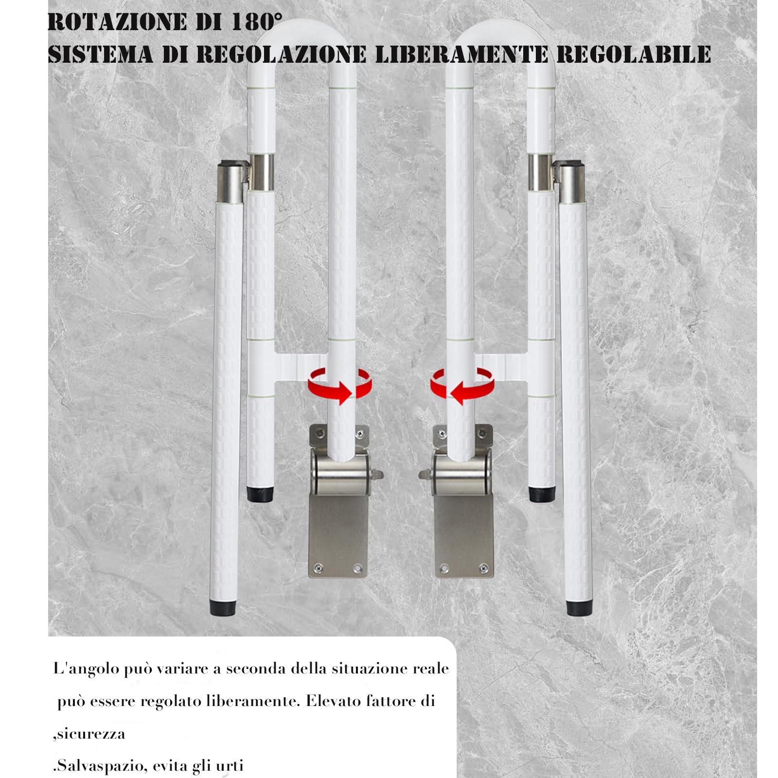 Maniglione Ribaltabile Bagno per WC, Maniglioni per Anziani In Acciaio Inossidabile, Maniglia di supporto da parete per WC, 60 cm, per anziani, disabili, per WC con gambe e WC(bianco,Con stile gamba)
