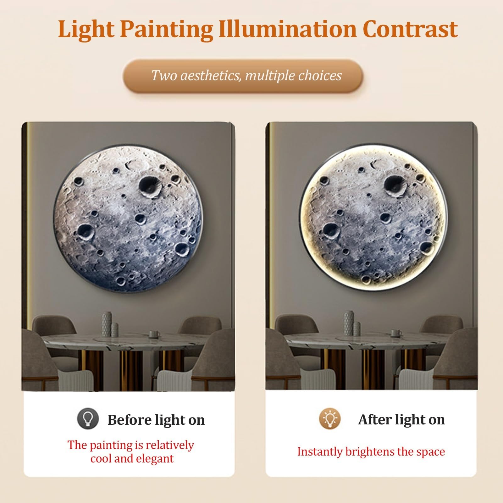 Cuadro decorativo de pared 3D Luna de 80 cm, lámpara LED redonda con marco