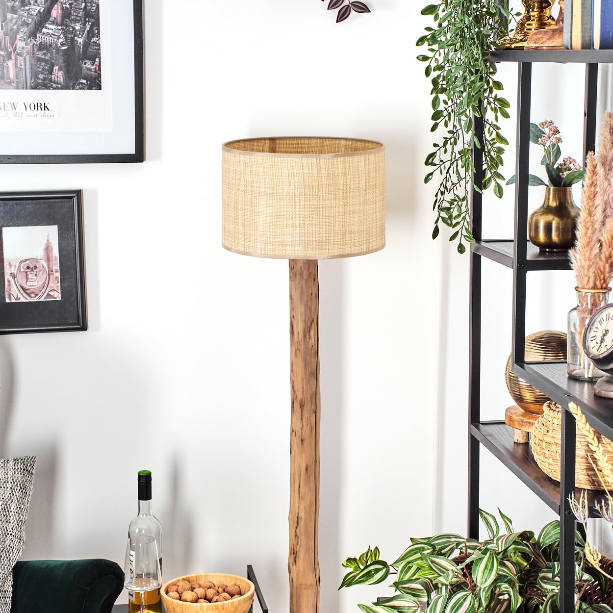 HOFSTEIN Lampa stojąca Sabadim, lampa stojąca z drewna/metalu w nowoczesnym stylu boho, abażur z plecionki papierowej/materiału Ø 35 cm, E27, 145 cm, z przełącznikiem nożnym – salon, sypialnia