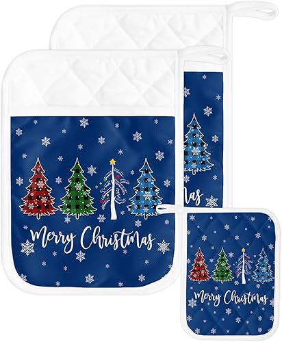 Miniatura 29 de Juego de 2 agarraderas de tela de toalla antideslizantes y con aislamiento térmico con bolsillo, guantes gruesos para horno, posavasos para hornear