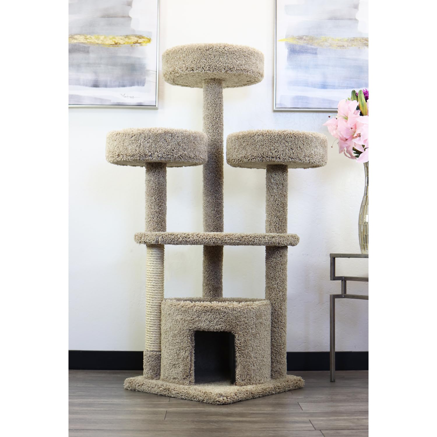 Maykoosh Artisanal Artistry Cat Penthouse, Ideal for Large Cats and Multiple Cats, Large Cat Tree with Sturdy Base, Staggered Perches and Scratch Post Beige/29 L x 34