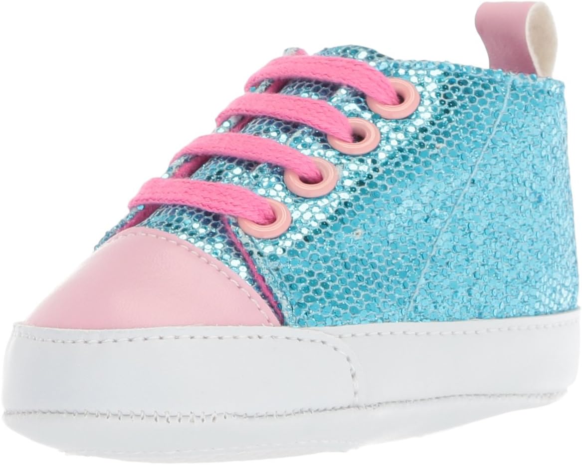 Luvable Friends Baby-Girl's Sparkly Sneaker Crib Shoe, Blue/Pink, 0-6 Months