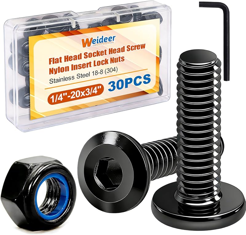 weideer 30pcs 1/4-20 x 3/4" Nuts and Bolts Kit, Stainless Steel 18-8 (304) Flat Head Hex Socket Cap Furniture Bolts,Nylon Insert Hex Lock Nuts with Hex Spanner