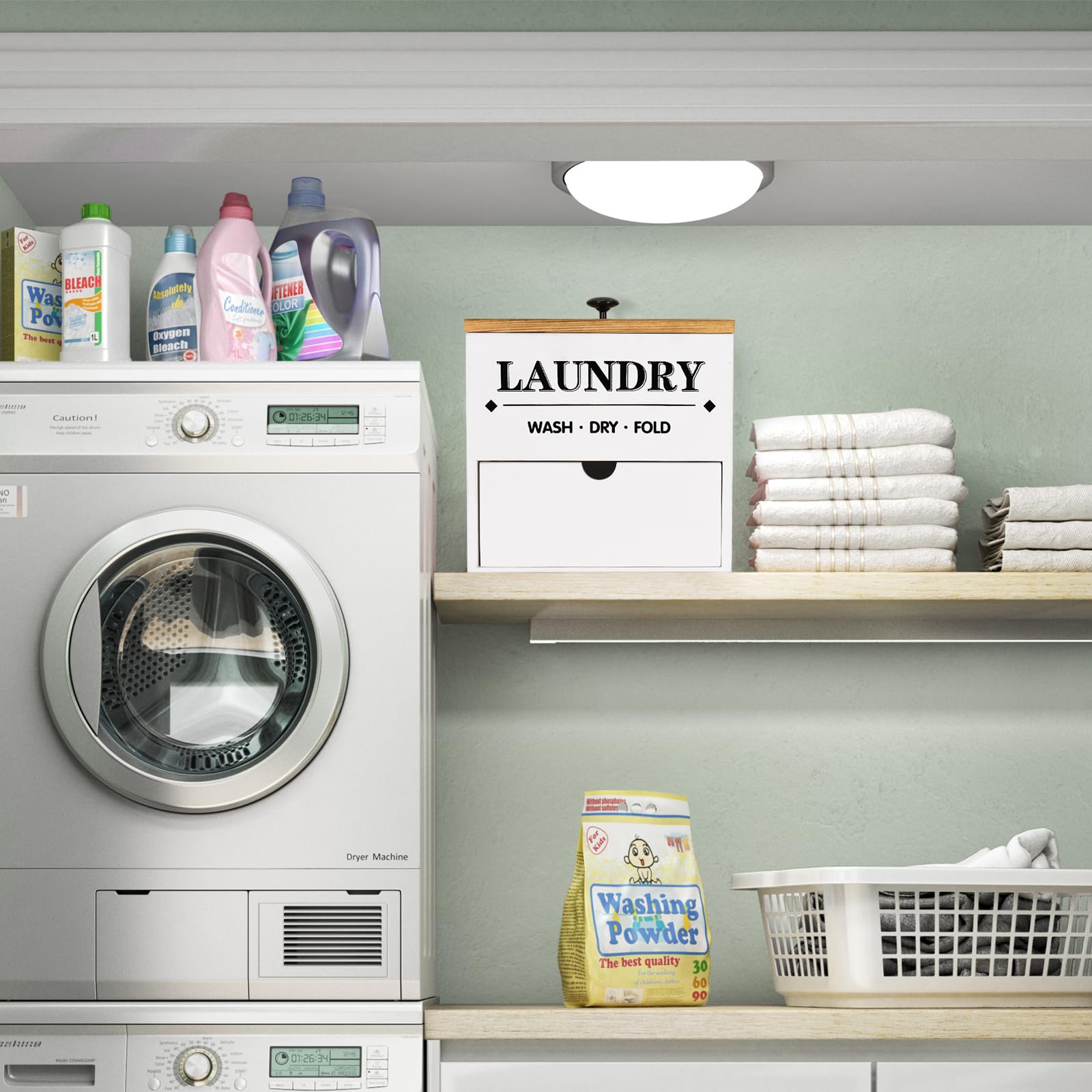 Dryer Sheet Holder with Drawer and Lid, Wood Dryer Sheet Dispenser and Laundry Pods Container for Laundry Room Organization and Storage, Laundry Pod Holder Wall Mount for Laundry Room Decor (White)