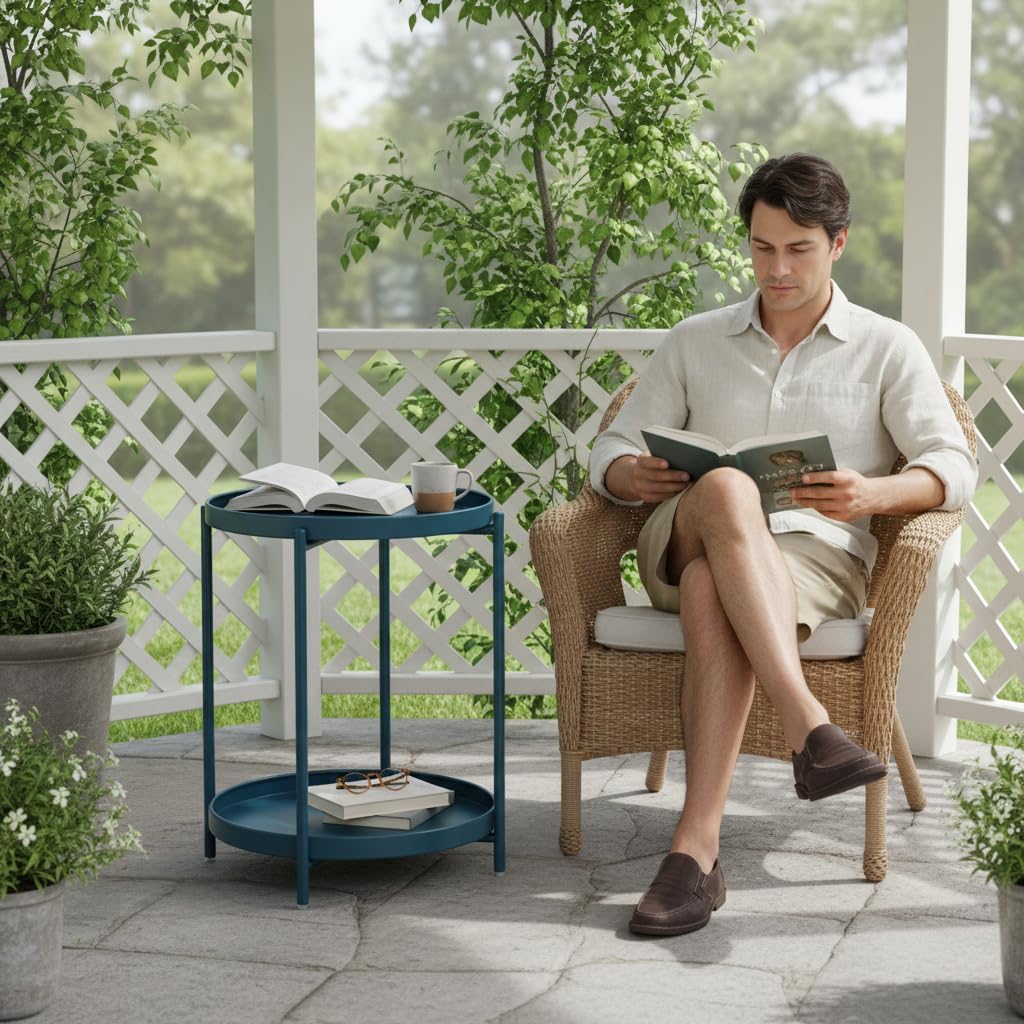 danpinera 2-Tier End Table, Outdoor Side Table Metal Round Side Table with Removable Tray, Small Accent Table, Anti-Rust Nightstand for Bedroom Balcony Patio Living Room (Navy Blue) Navy Blue 1