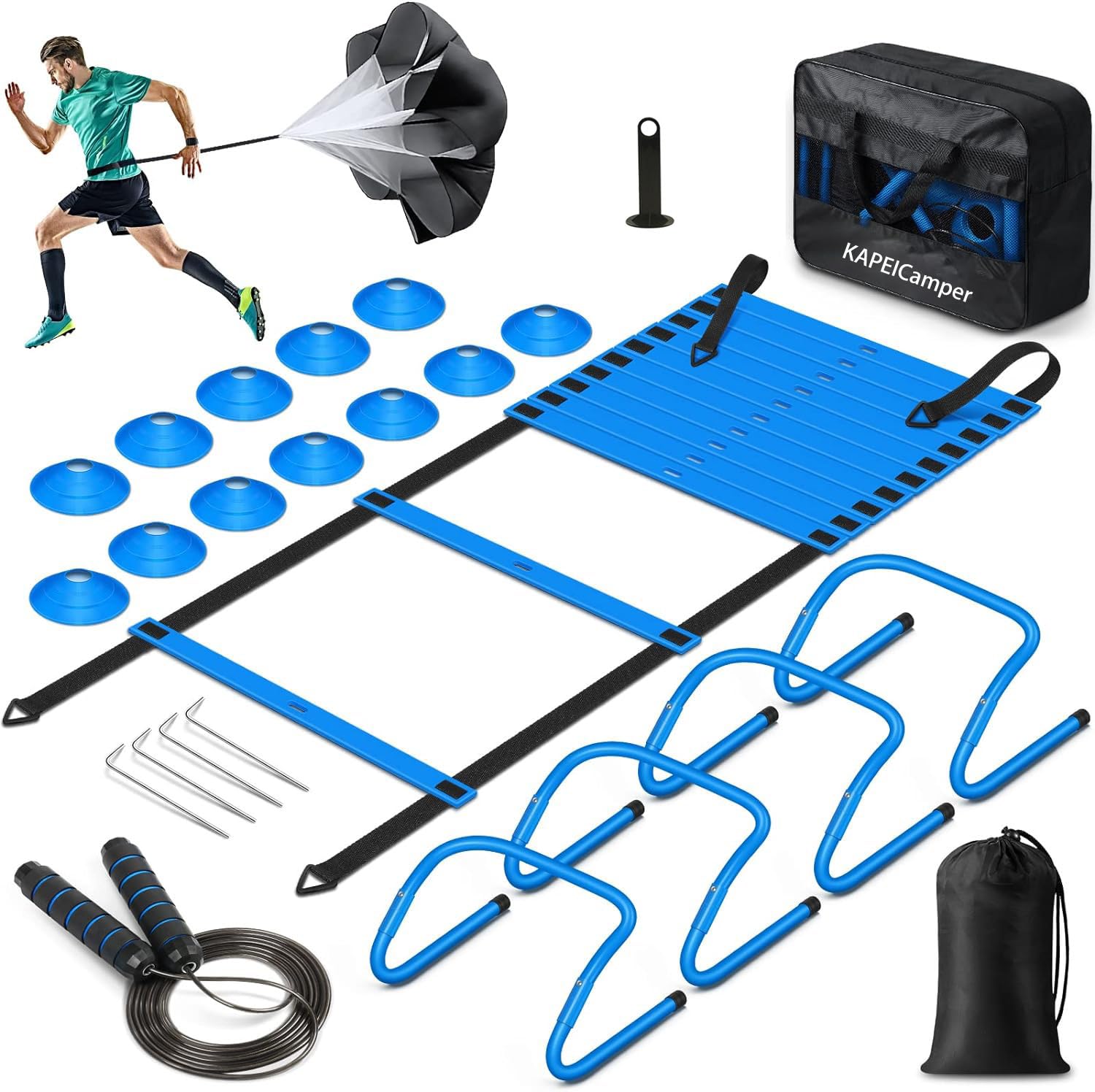 Agility Ladder Speed Training Equipment Set-20ft Agility Ladder,12 Soccer Cones,4 Hurdles, Jump Rope, Running Parachute| Basketball Football Soccer Training Equipment for Kids Youth Adults