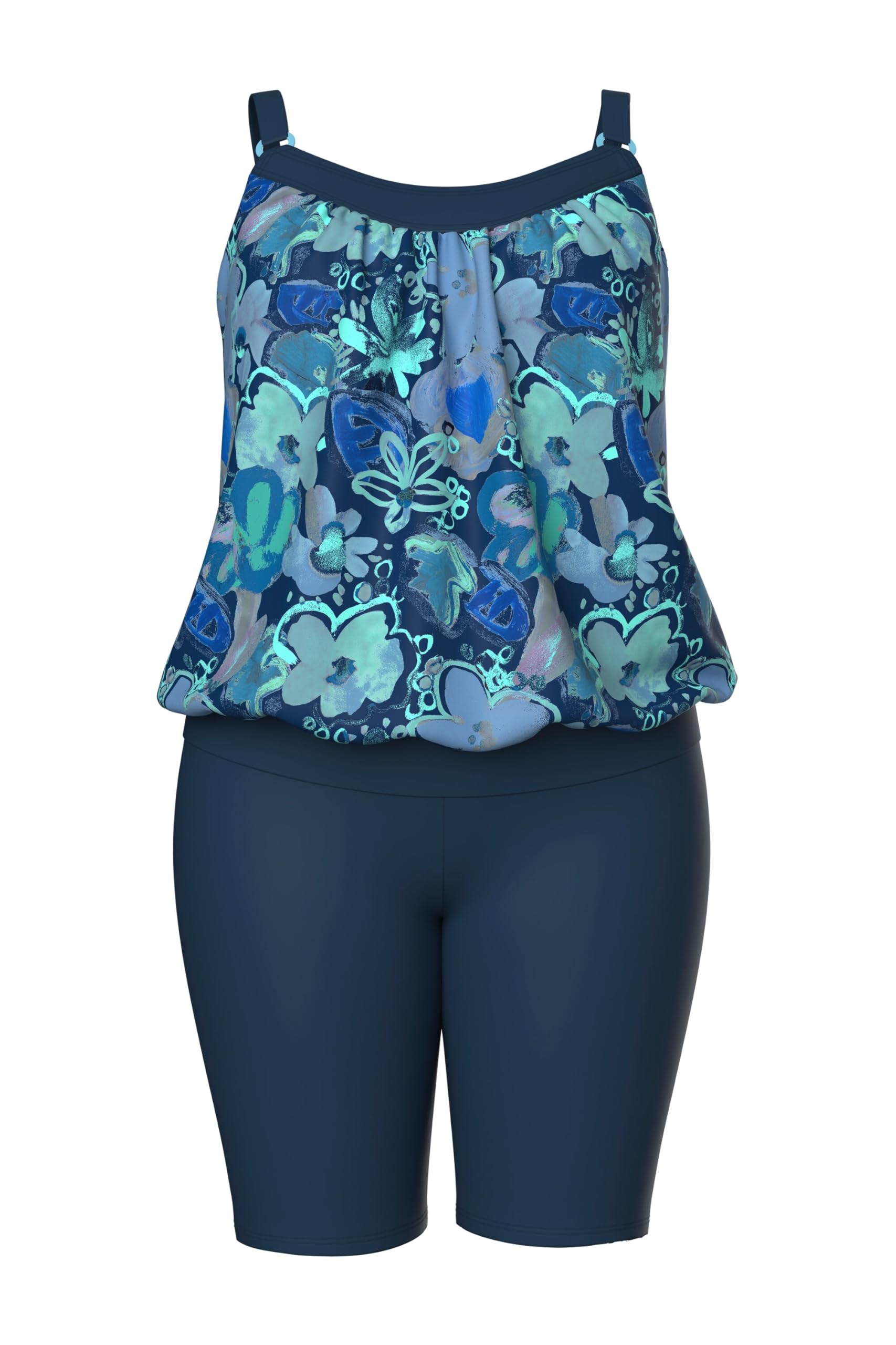 Ulla Popken Damen große Größen Übergrößen Plus Size Tankini mit Radler, Blüten, Softcups, Träger verstellbar 846560