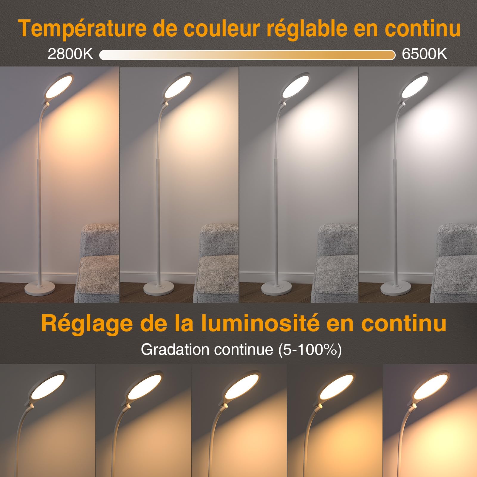 Lampes à lumière du jour Lampadaire, lampe à lumière du jour LED sans UV, 11000 Lux, 5 couleurs et 10 intensités réglables, Commande tactile avec télécommandes, Réguler les émotions, Travail et études