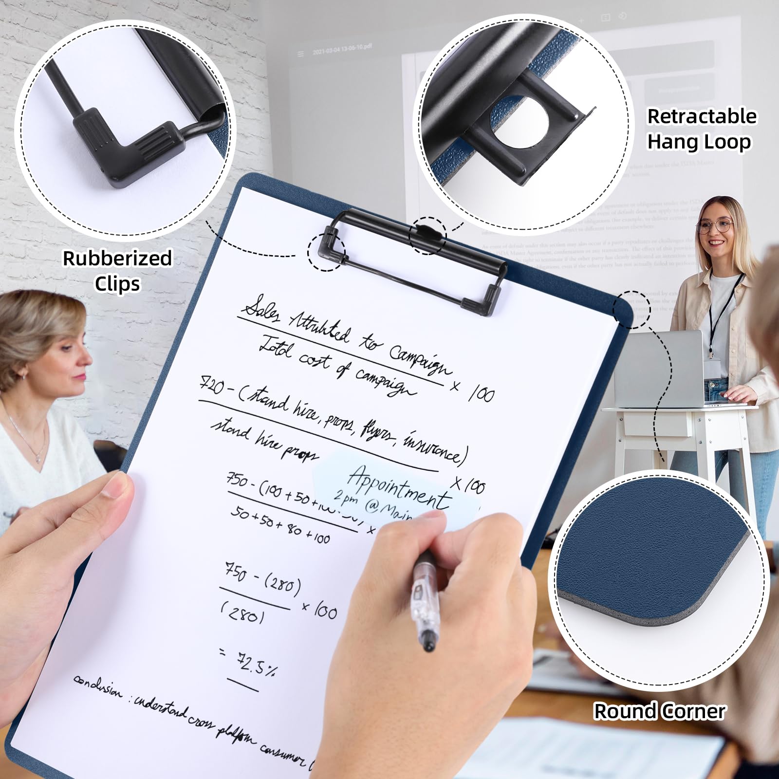 FRETONBA Portapapeles con Pinza A4, 2 Piezas Carpeta de Plástico, Tablero de Escritura con Ganchos Retráctiles, A4 Clipboards para Oficina, Hospital, Aulas (Azul)