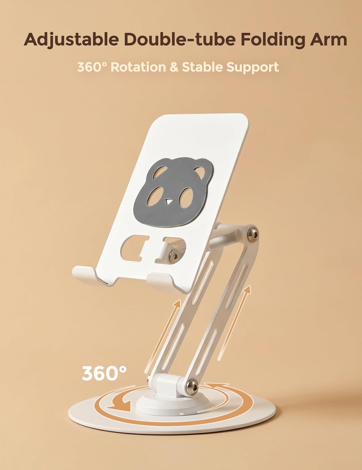 All-Metal Desk Phone Stand, 360° Rotating, 4-8" Phones & Tablets | Carbon steel base, dual-pole adjustment, panda face anti-slip pads, hex key, scratch-proof, heat-dissipating, case-friendly