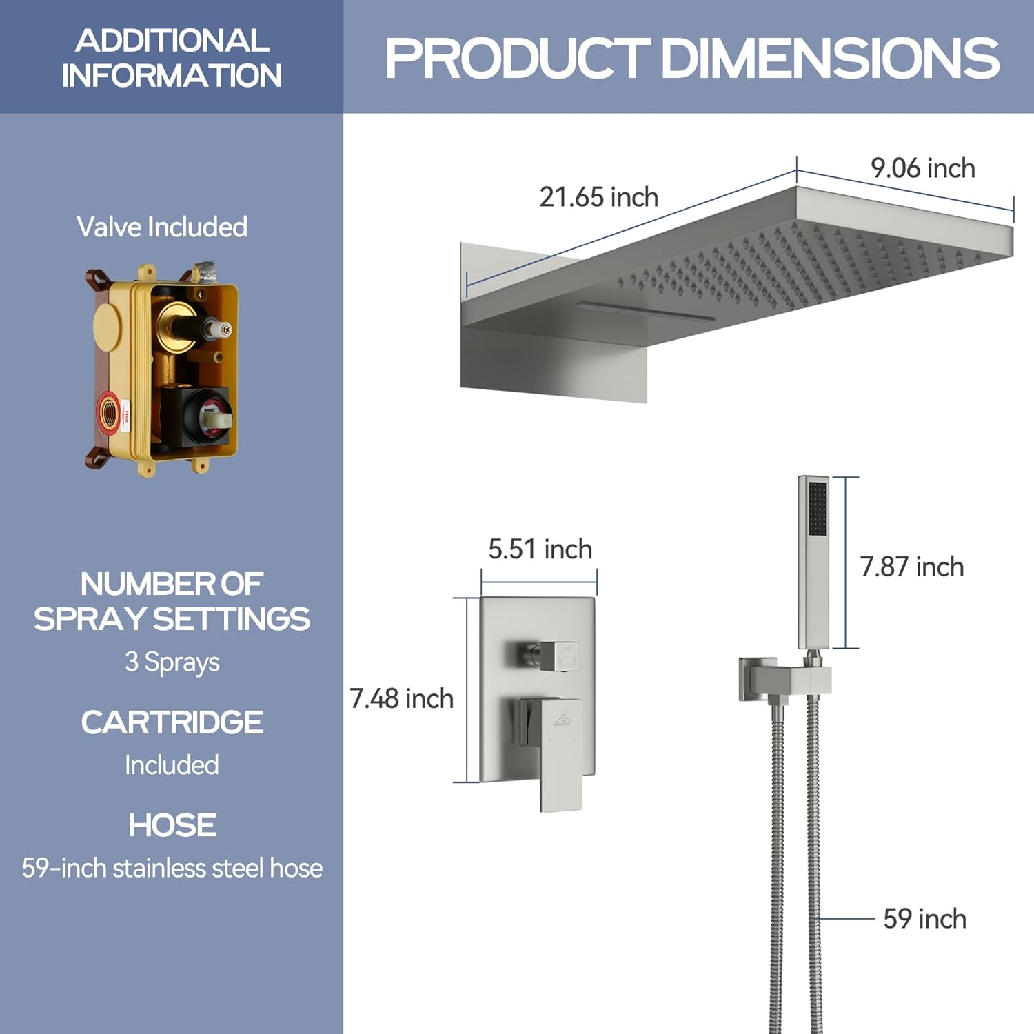 CASAINC Luxury Waterfall & Rain Shower Head with Handheld Spray 22" Large Square Shower Set, Wall Mounted Shower Valve Kit Shower System (Brushed Nickel)