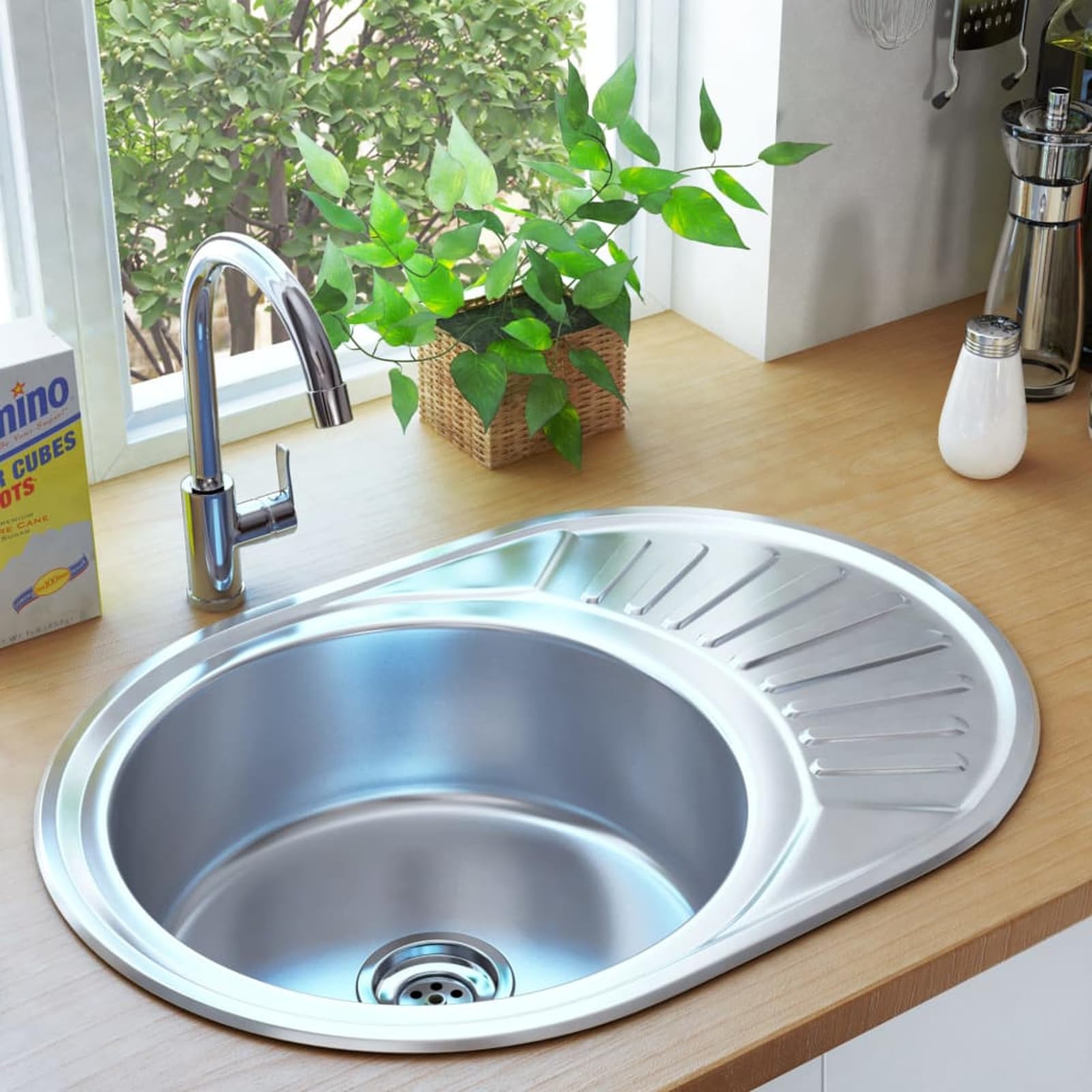 Gecheer Fregadero Cocina con colador y sifón Acero Inoxidable Ovalado,Encimera Cocina,Mueble Pila lavadero,Type 1