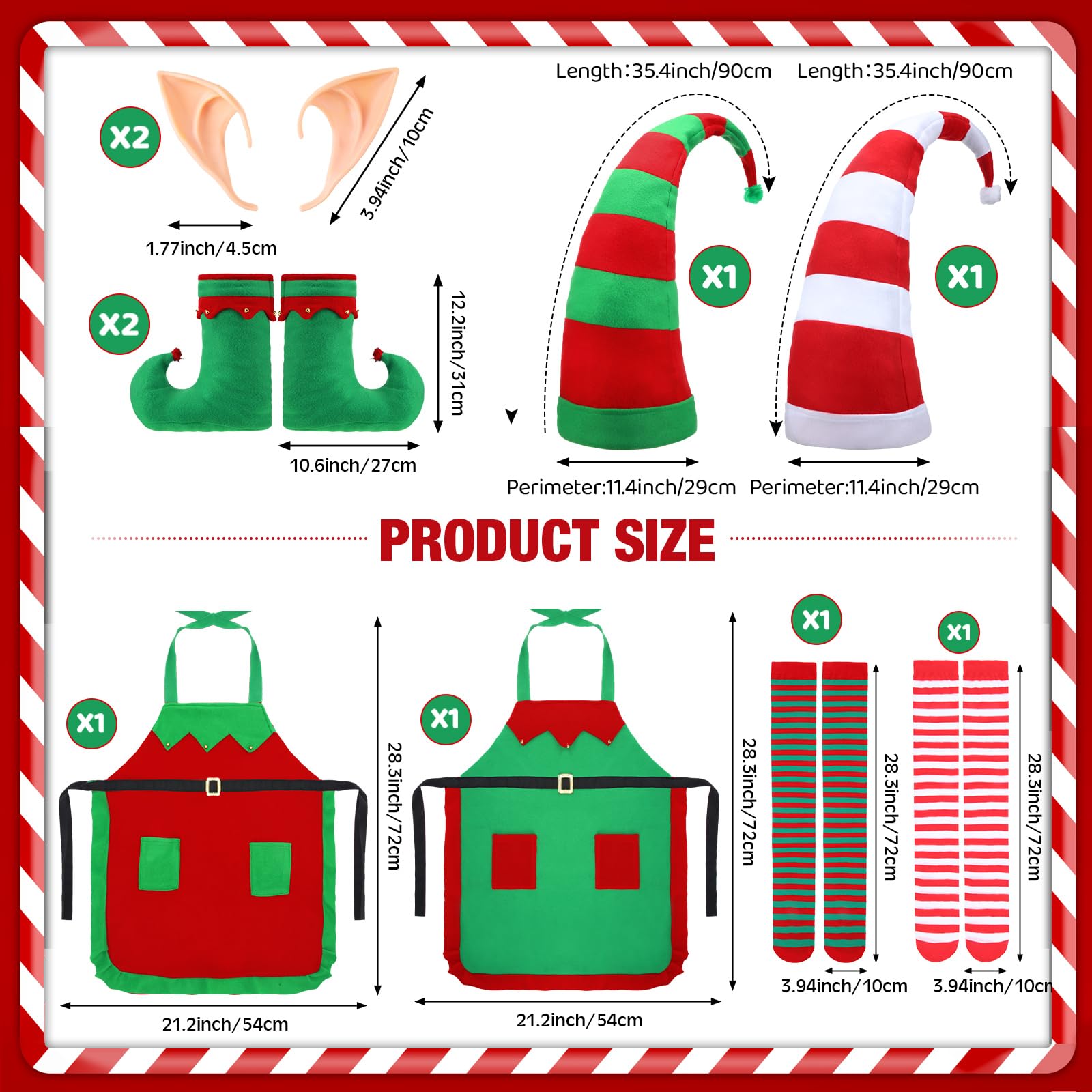 Liitrsh Juego de 10 disfraces de elfo de Navidad para mujeres adultas, 2 delantales de tela, sombrero de terciopelo, medias a rayas, orejas de elfo y zapatos