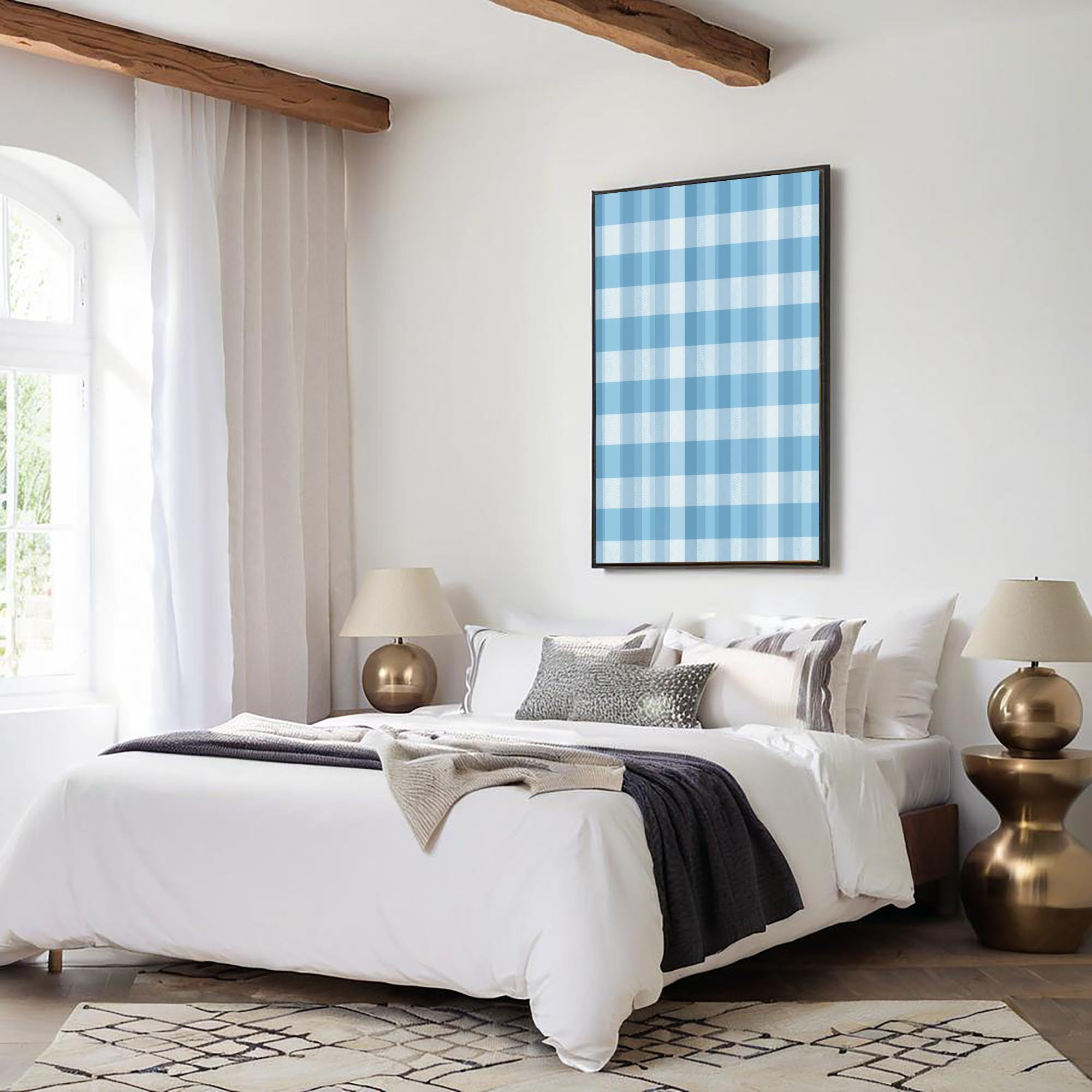 Dipinti Su Tela Scacchiera Sfumata, Poster Da Parete Di Stile Country Geometrico, Quadri Dipinti Su Tela In Blu Bianco Stampe Da Parete Per Soggiorno Decorazione, Senza Cornice, 70X100Cm