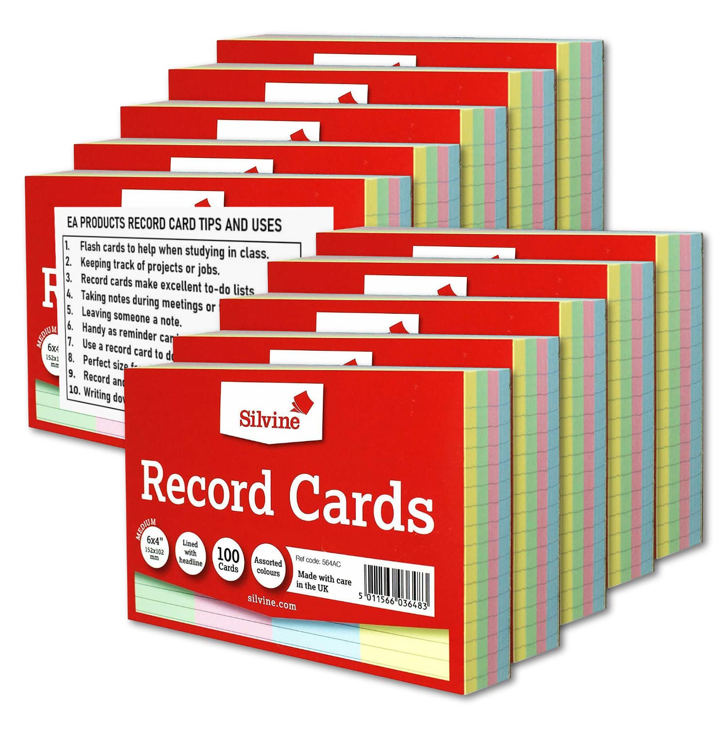 Silvine Record Card Bulk Pack of 1000 | 10 x 100 6x4” Coloured Lined with Headline Record Cards – Size Medium 152 x 102mm – A6 with EAP Hints and Tips