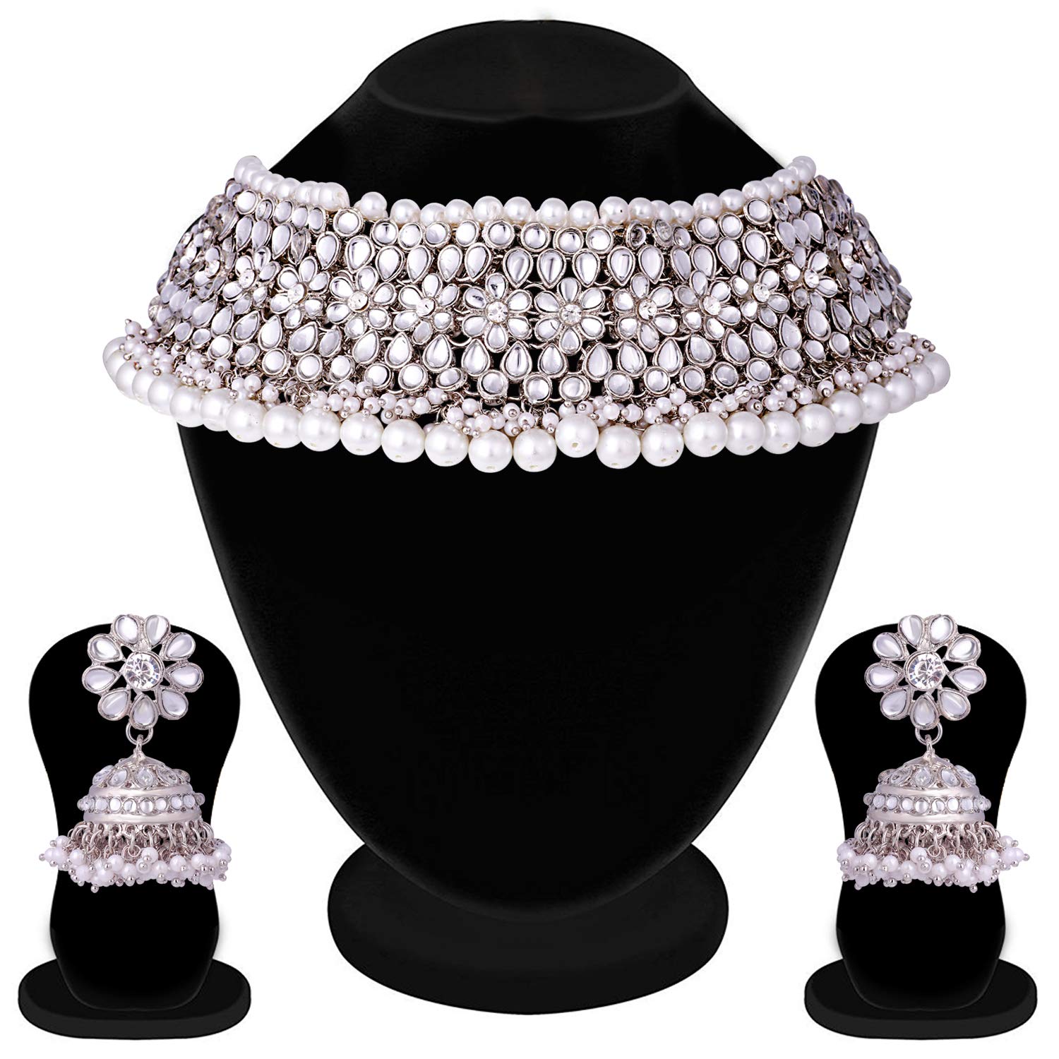 Peora Silver Rhodium Plated Traditional Kundan Choker Necklace Jhumki Earring Set for Women Girls 2
