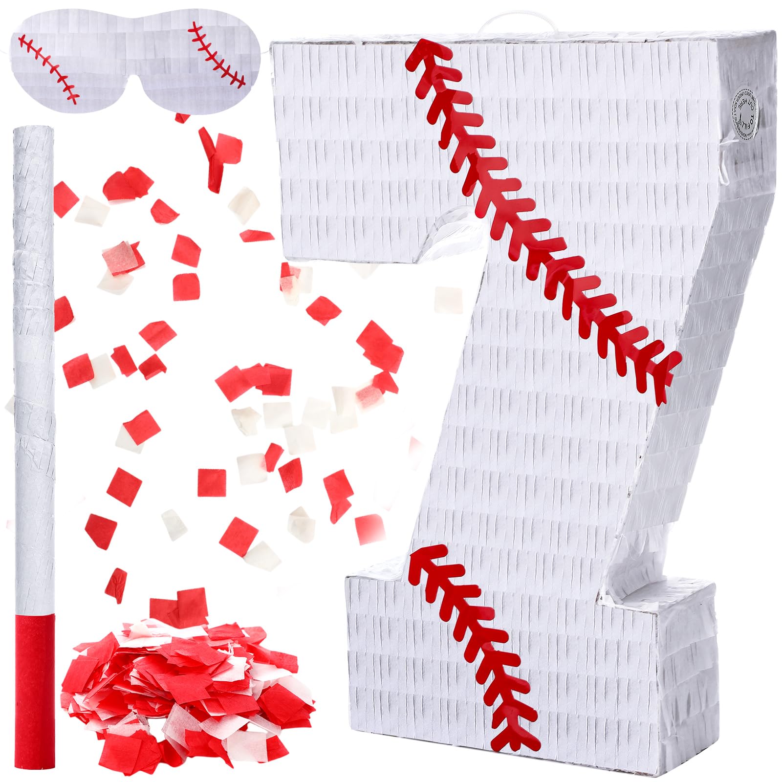 Poen White Piñata Baseball Piñata with Blindfold, Stick, Confetti for Birthday Baseball Sports Theme Party Decoration Supplies, 15 x 11 x 2.76 Inches(Number 7)