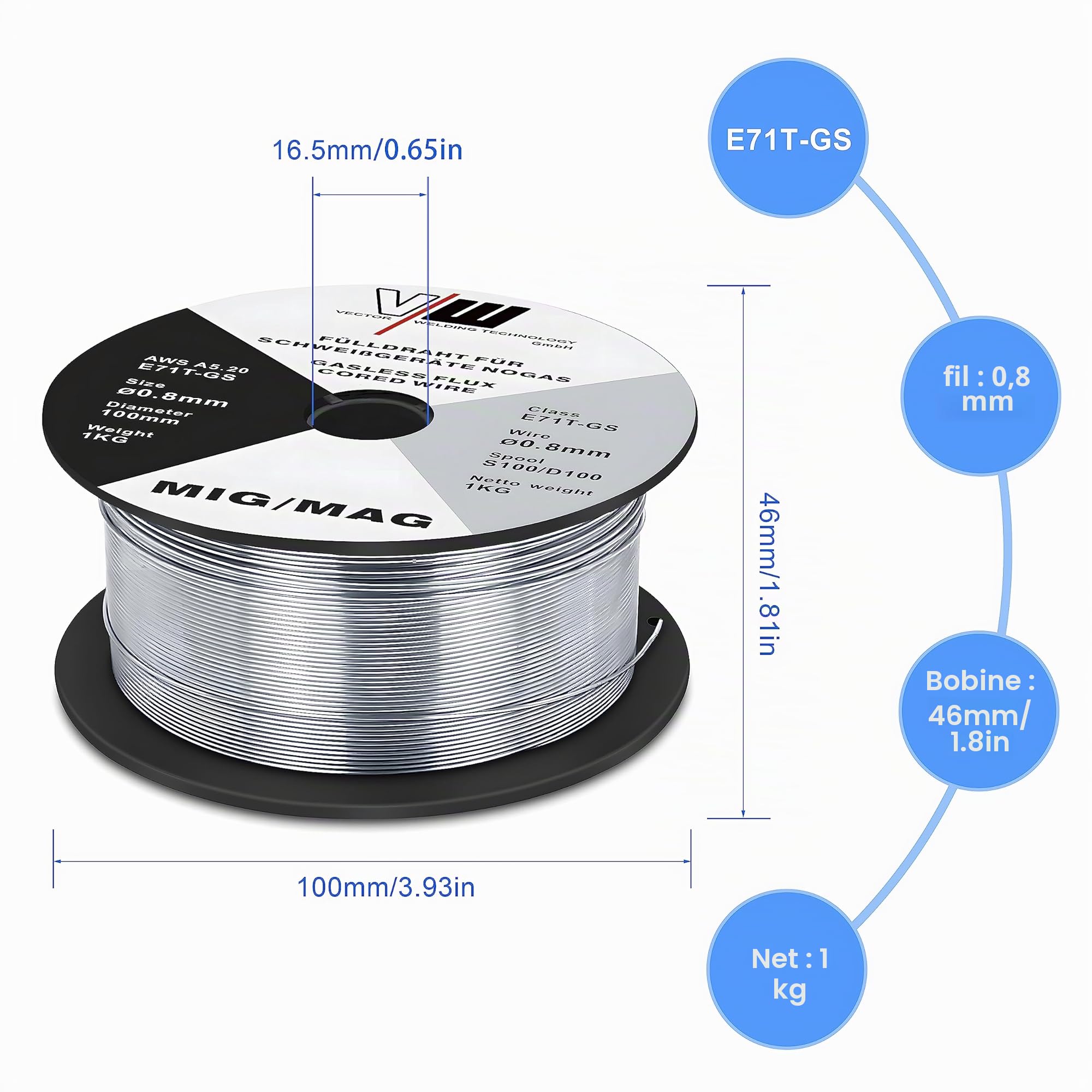 VECTOR WELDING Fil Fourré Sans Gaz MIG MAG 0,8 mm - D100/S100-3 Boîtes 1 kg - E71T-GS