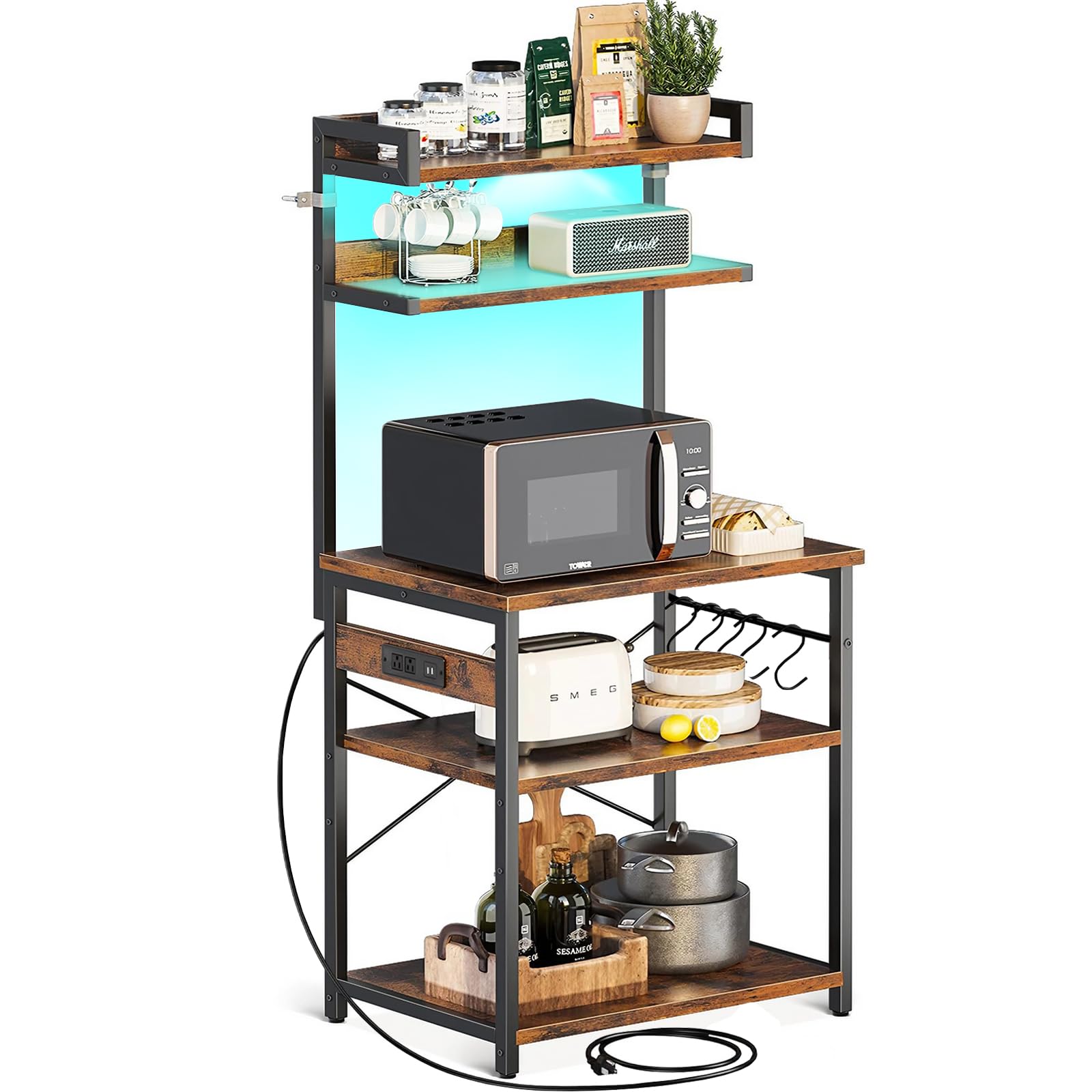 LOKOOY Alacena de Almacenamiento de 5 Niveles con RGB, Estante de Cocina con Enchufes y 5 Ganchos，Estante de Microondas, Mueble Multiusos de Cocina, Sala, Oficina，Cafetería