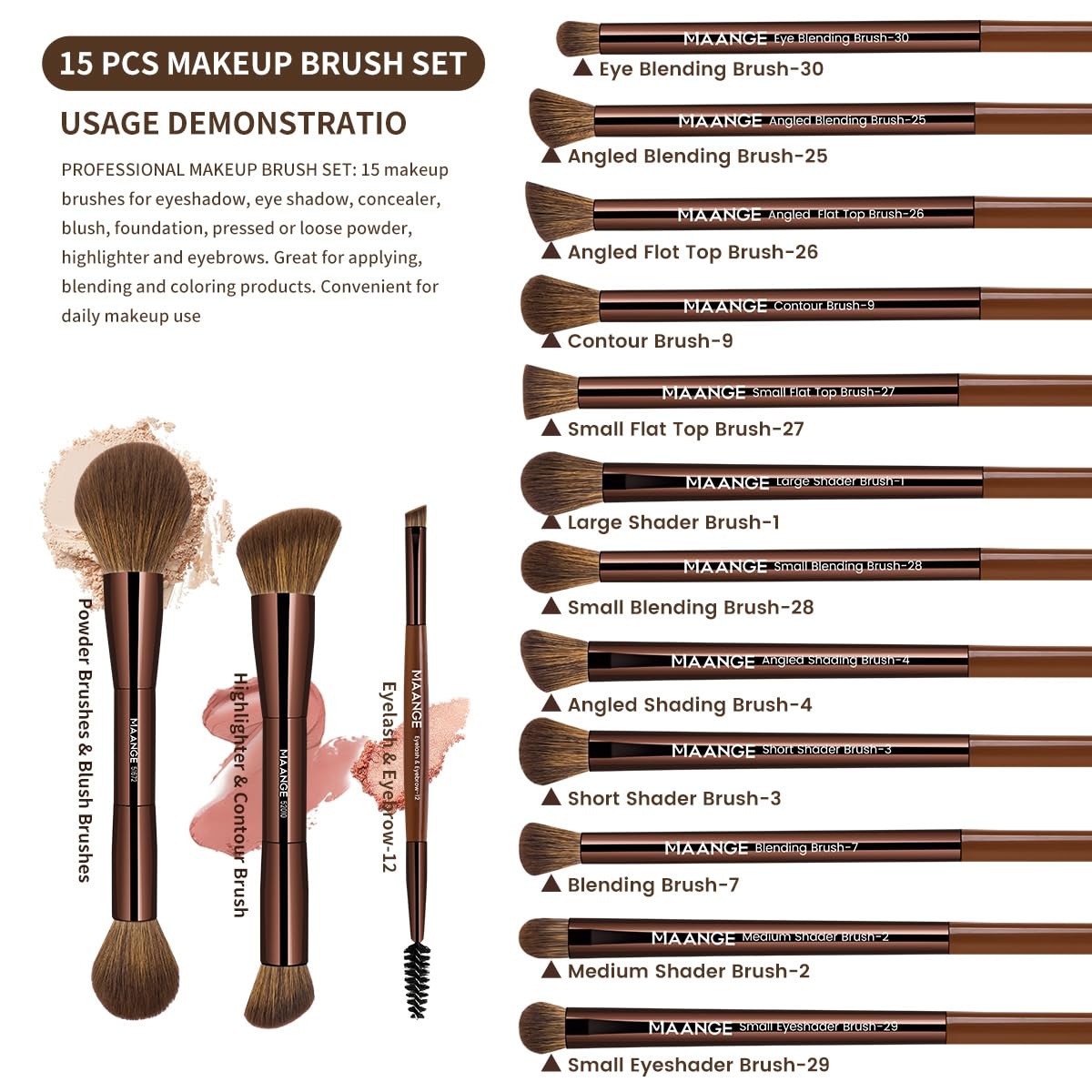 MAANGE Set di 15 pennelli da trucco a doppia estremità, con punta angolata/rotonda, per fondotinta, contouring, sopracciglia, ombretto, correttore (marrone)