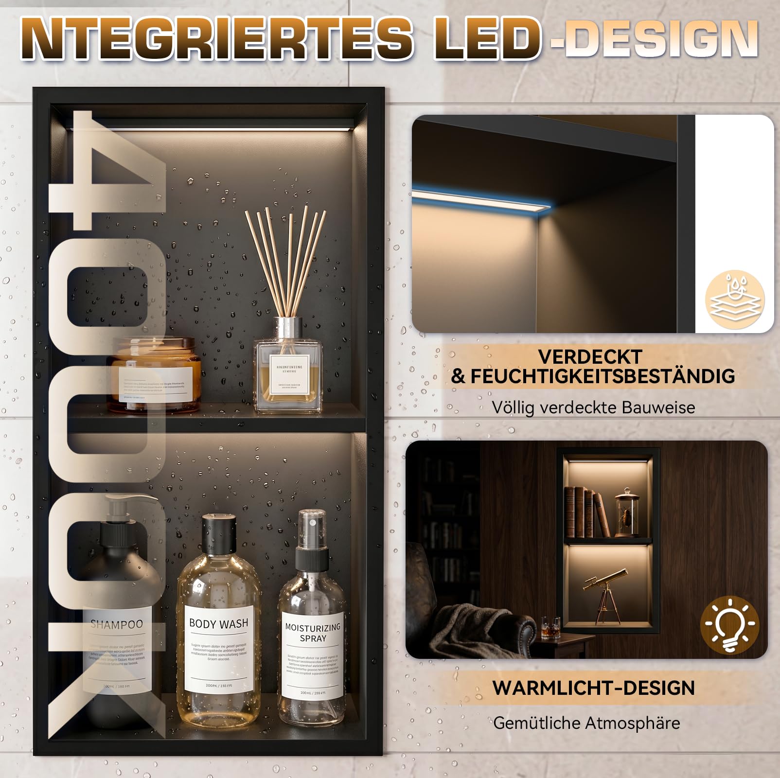 Doccia da parete, 60 x 30 cm, in acciaio inox 304, con illuminazione a LED e trasformatore, doppio strato, mensola singola per bagno e decorazione
