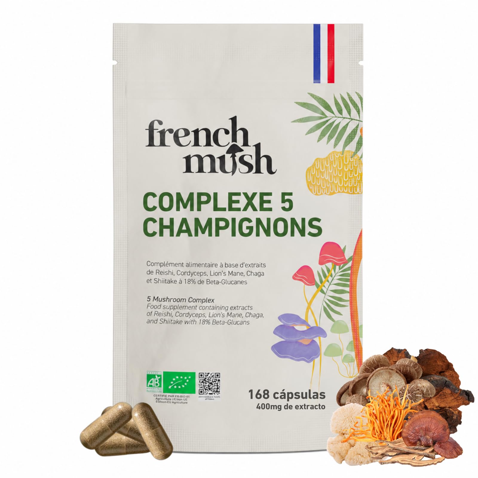 French Mush Complejo 5 Hongos Bio - 168 Cápsulas Veganas | Bienestar, Vitalidad y Digestión, Shiitake, Melena de León, Reishi, Cordyceps, Chaga, Fabricado en Francia