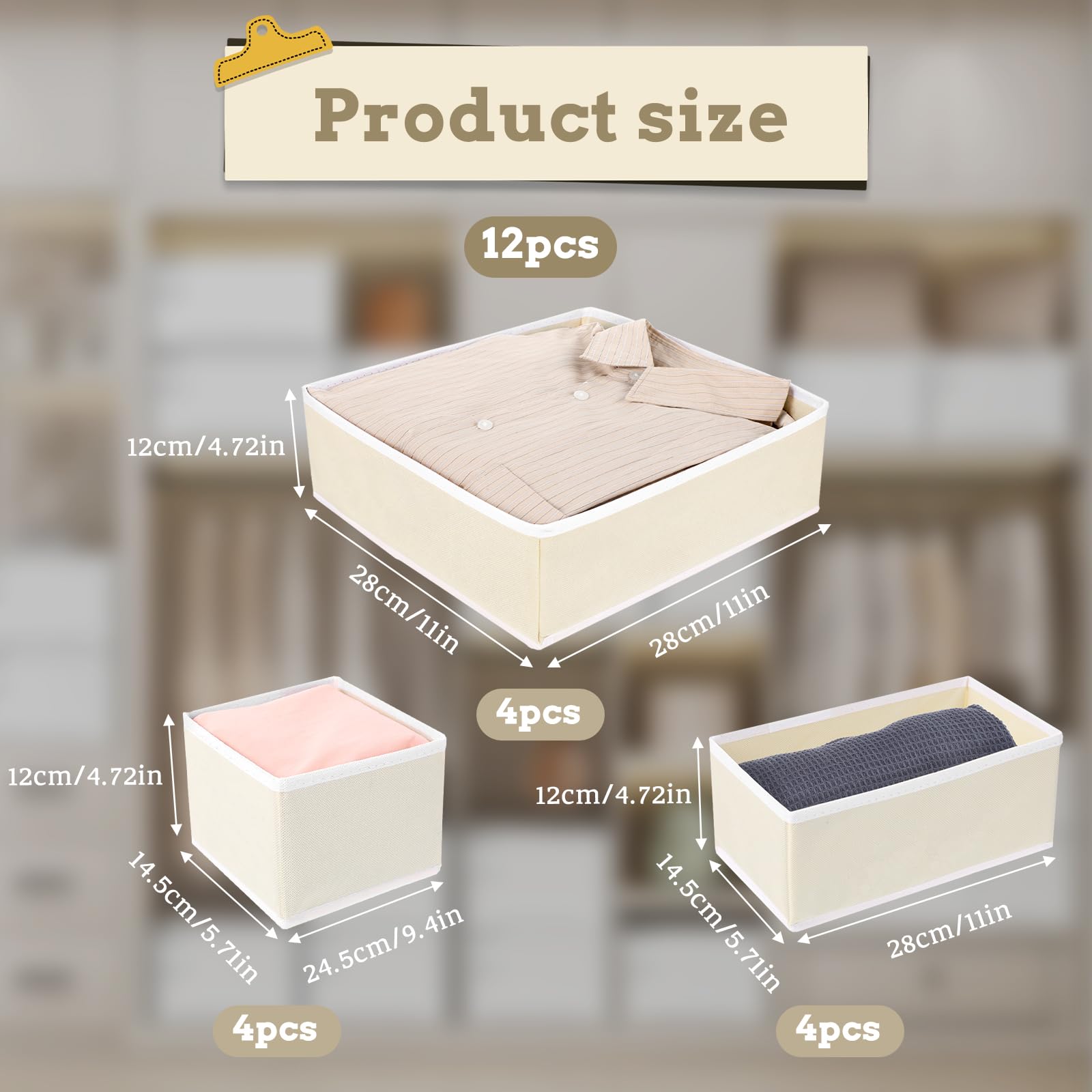 Drawer Organizer 12pcs Dresser Organizer for Nursery Bedroom Closet Organization Storage Clothes Organizer Bins Foldable Drawer Divider Storage Bins for Sock Underwear Bra Ties Towels Scarve Cloth