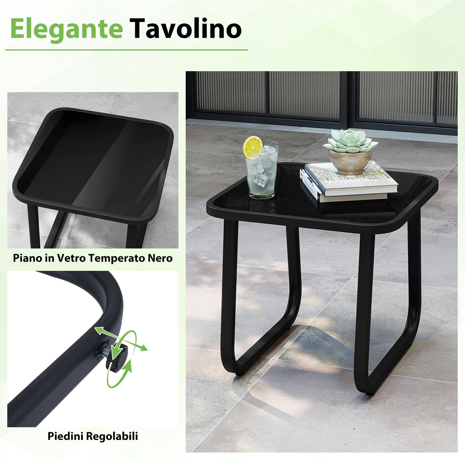 COSTWAY Set Tavolino e Sedie da Giardino, Set Bistrò 3 Pezzi con Cuscini Rimovibili, Tavolo in Vetro Temperato, Struttura in Metallo, per Patio, Cortile e Piscina (Modello 3)