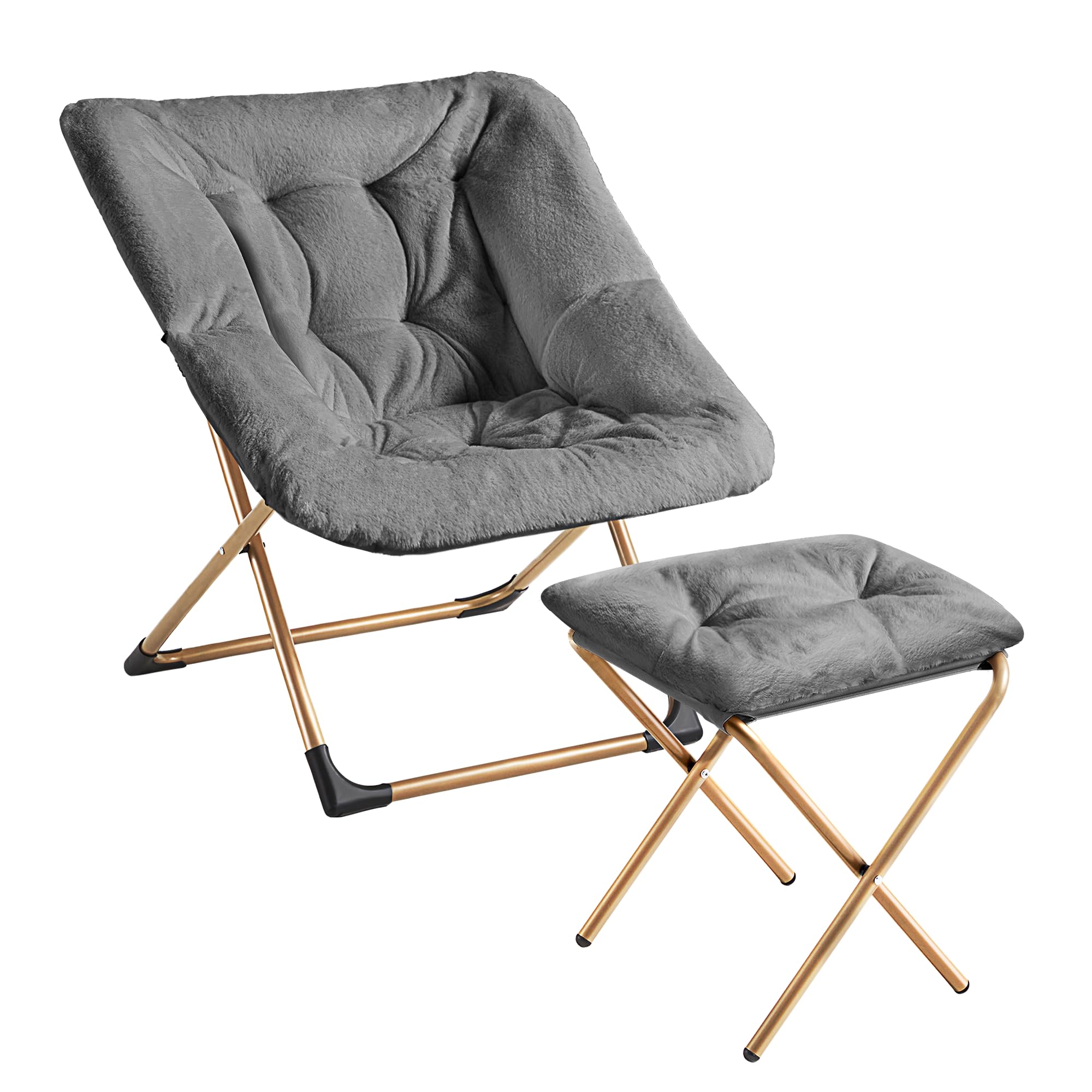 Comfy Oversized Saucer Chair with Ottoman,Soft Faux Fur Reading Lounge Chair for Adults,Stable X-Large Metal Frame and Non-Slip Pad,Cozy Chair for Bedroom, Living Room, Dorm, Dark Gray