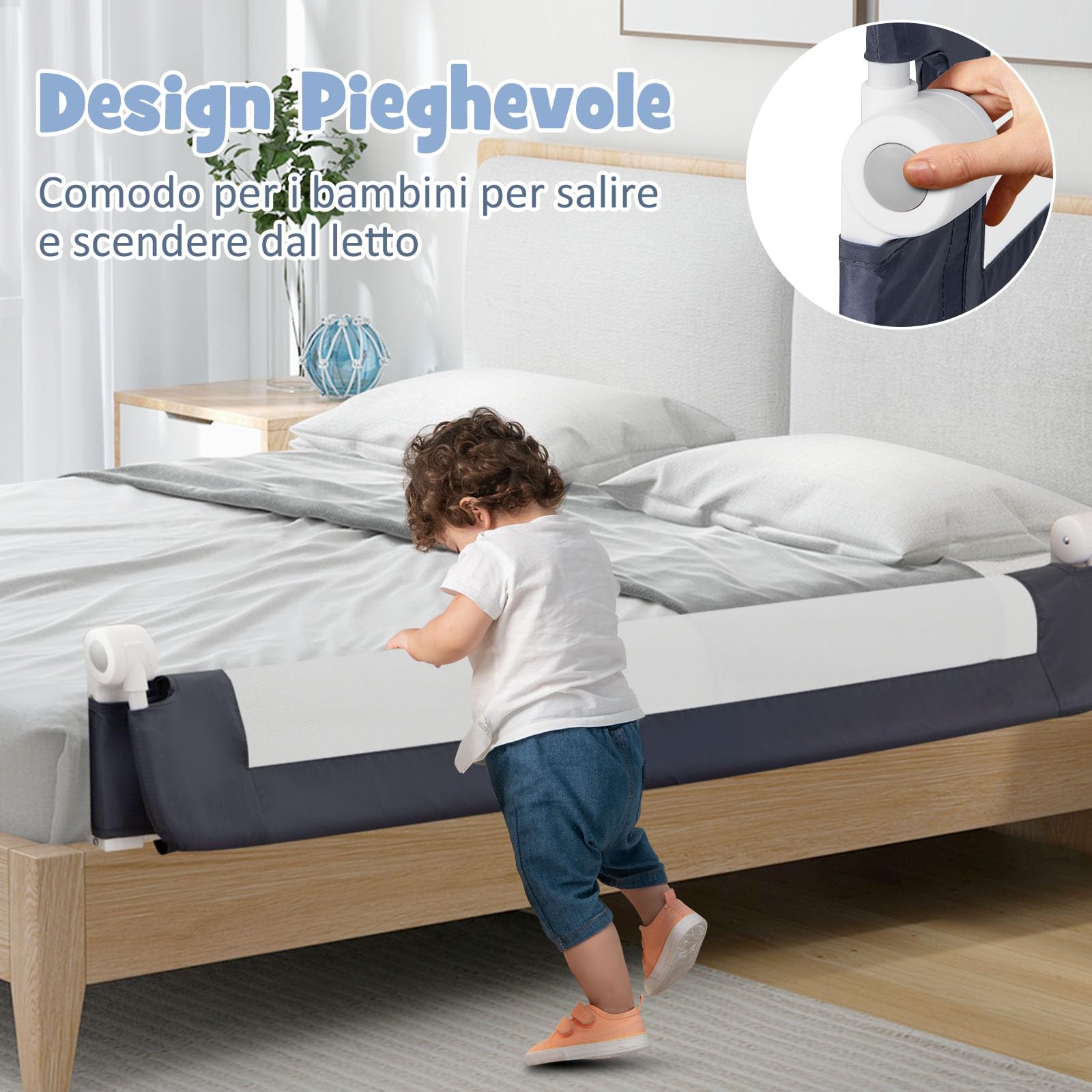 RELAX4LIFE Sponda Letto per Bambini 105/120/150cm, Barriera di Sicurezza, Traspirante e Pieghevole, Sbarra Letto per Letti Singoli e Matrimoniali (152x34x42cm, Grigio)