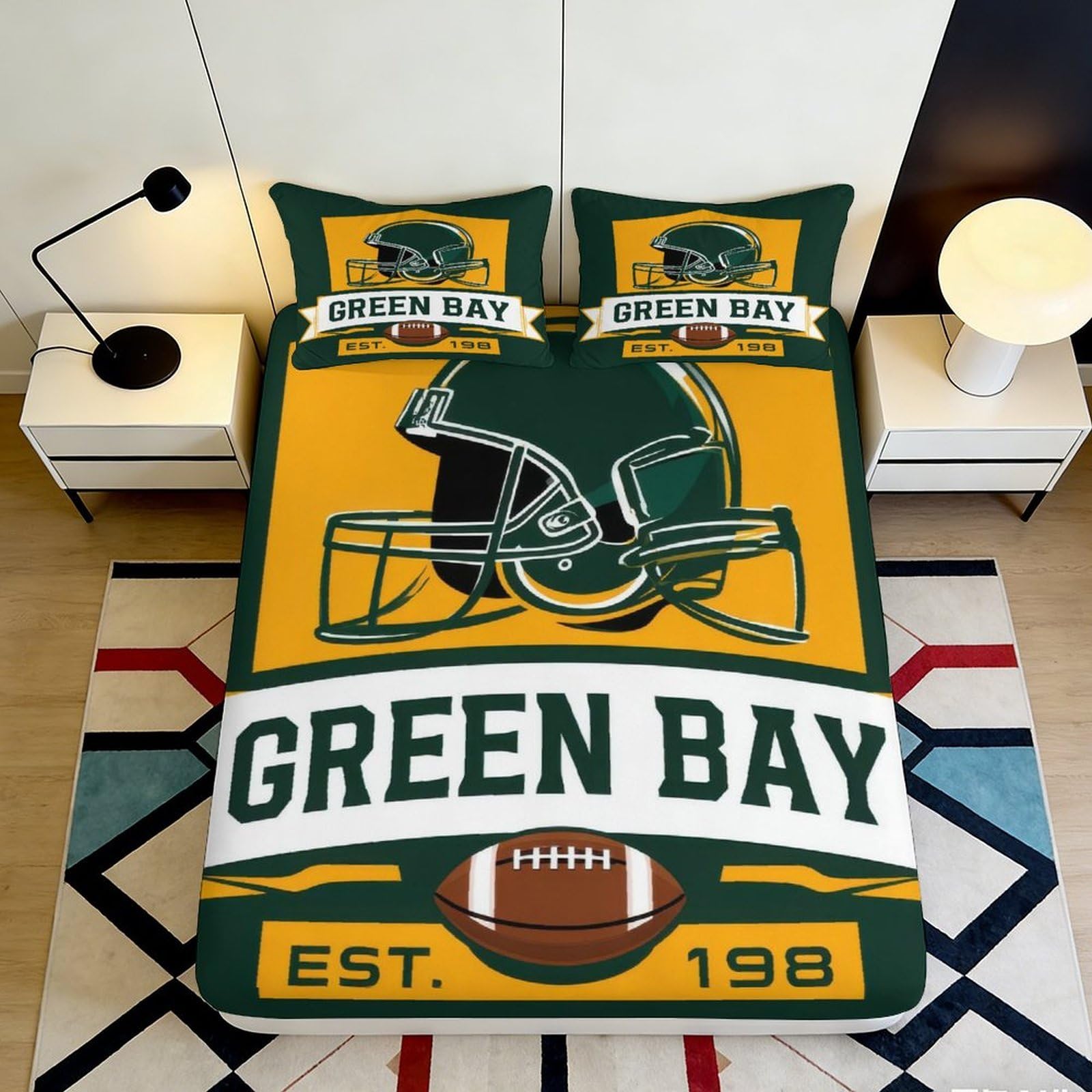 3D Printed Green Bay Helmet Fitted Sheet Microfiber Soft Durable Green Yellow Football Bed Cover for Bedroom Dormitory Guest Room Mattress Protection 120x200x25cm