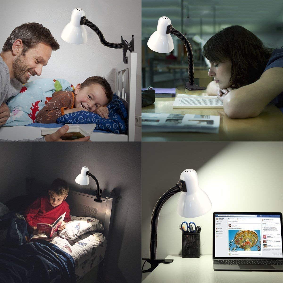 Velamp Lampa z klipsem, E27, kompatybilna z LED, elastyczne ramię, z kablem i przełącznikiem, do pokoju dziecięcego, biurka, metalu, 6 W, biała