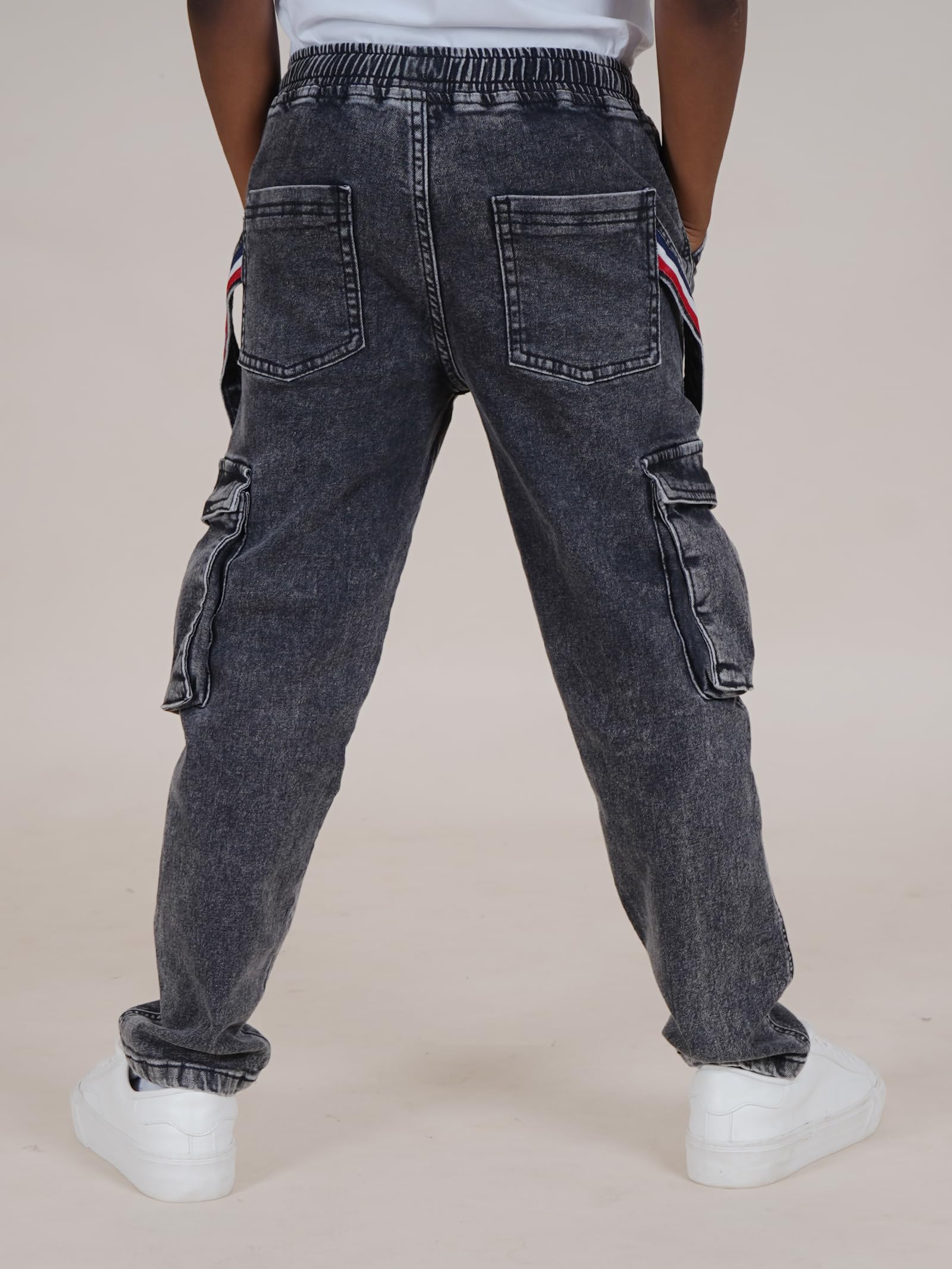 KiddoPanti Boys Full Length Cargo Pocket Denim Jean with Side Strap & Elasticated Drawstring, Black Acid Wash, 1-2Y - Image 3 thumbnail