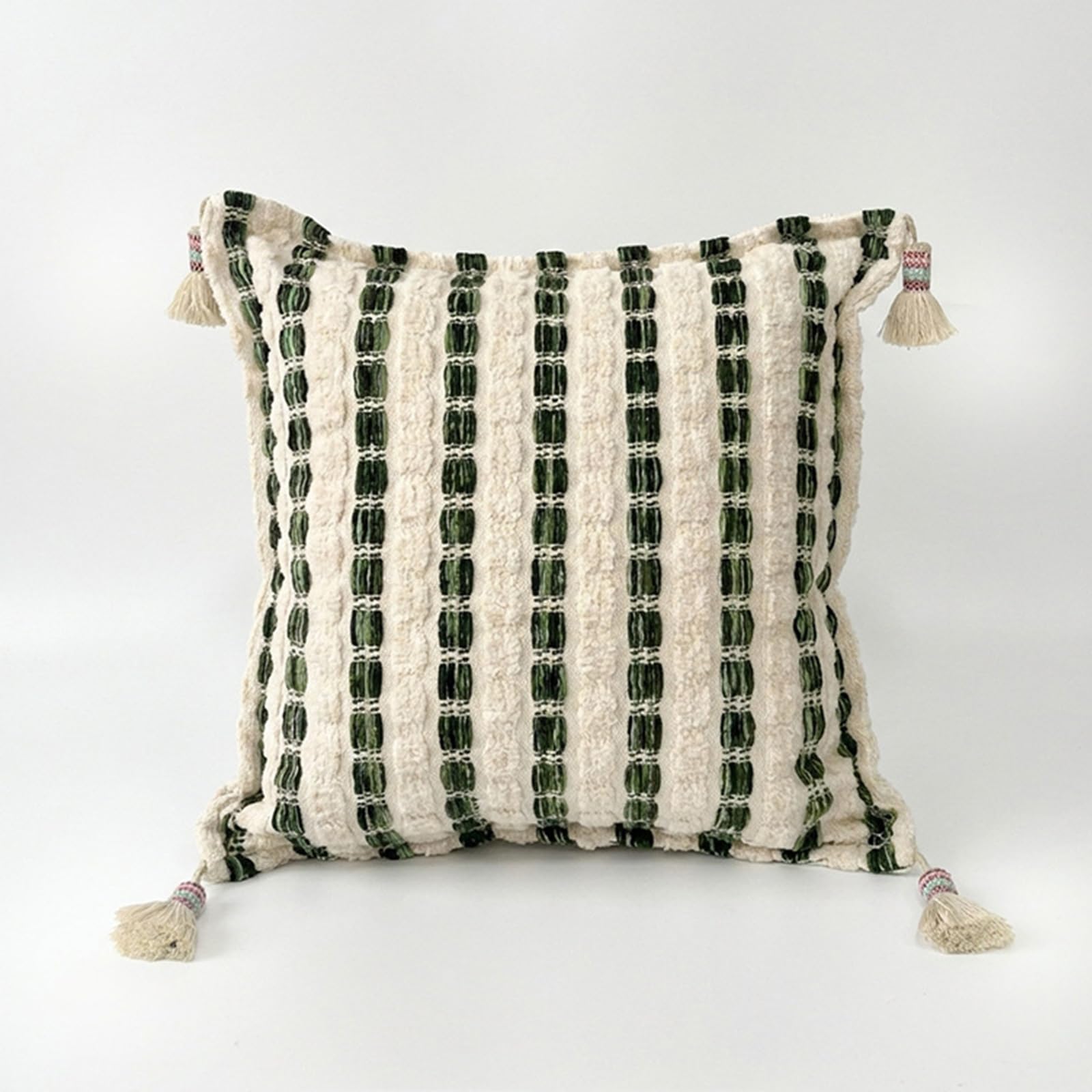 Cojín Cuadrado Decorativo de Terciopelo con Textura a Rayas con borlas e Inserto, 45x45cm, para decoración de sofá y Dormitorio, Funda de Almohada Decorativa con Inserto
