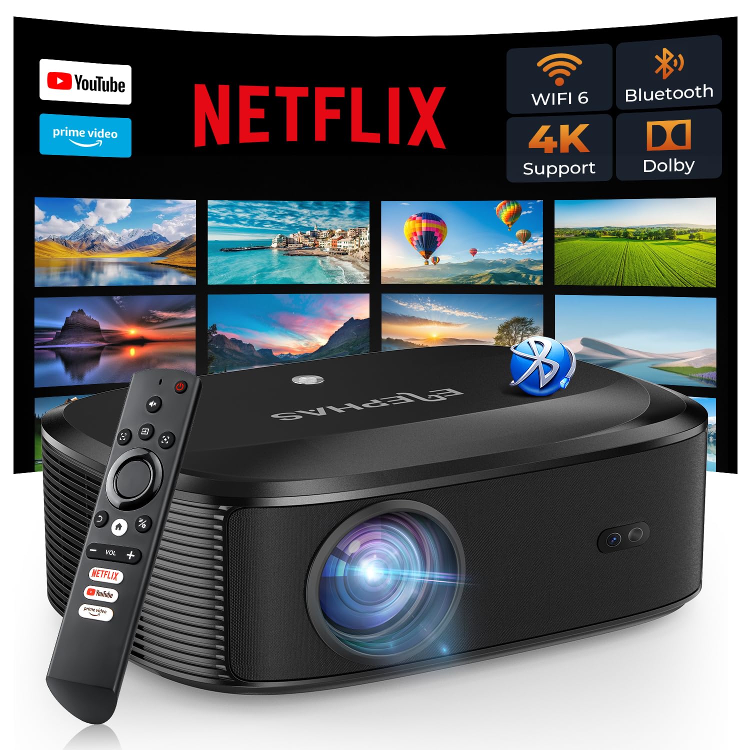 4K Projector with Wifi and Bluetooth, ELEPHAS Outdoor Movie Projector with NETFLIX/Prime Video/YouTube Built-in, 100,000+ Apps Supported, Video Projector Compatible with HDMI/USB/iOS/Android/Windows4K Projector with Wifi and Bluetooth, ELEPHAS Outd…